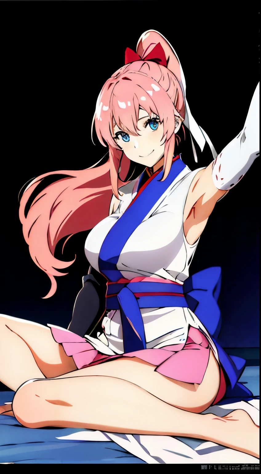 masterpiece, highest quality, High resolution, Lux 3, 1 girl, alone, Lux 3, pink hair, spread legs、show white panties,miniskirt short kimono, blue eyes, hair ornaments,Lux Klein、 very long hair, black sleeves, No sleeve, kimono, bow, black kimono, hair bow, ponytail, floating hair, hair between eyes, big breasts, sitting, sheet, spaceship, smile, armpit,