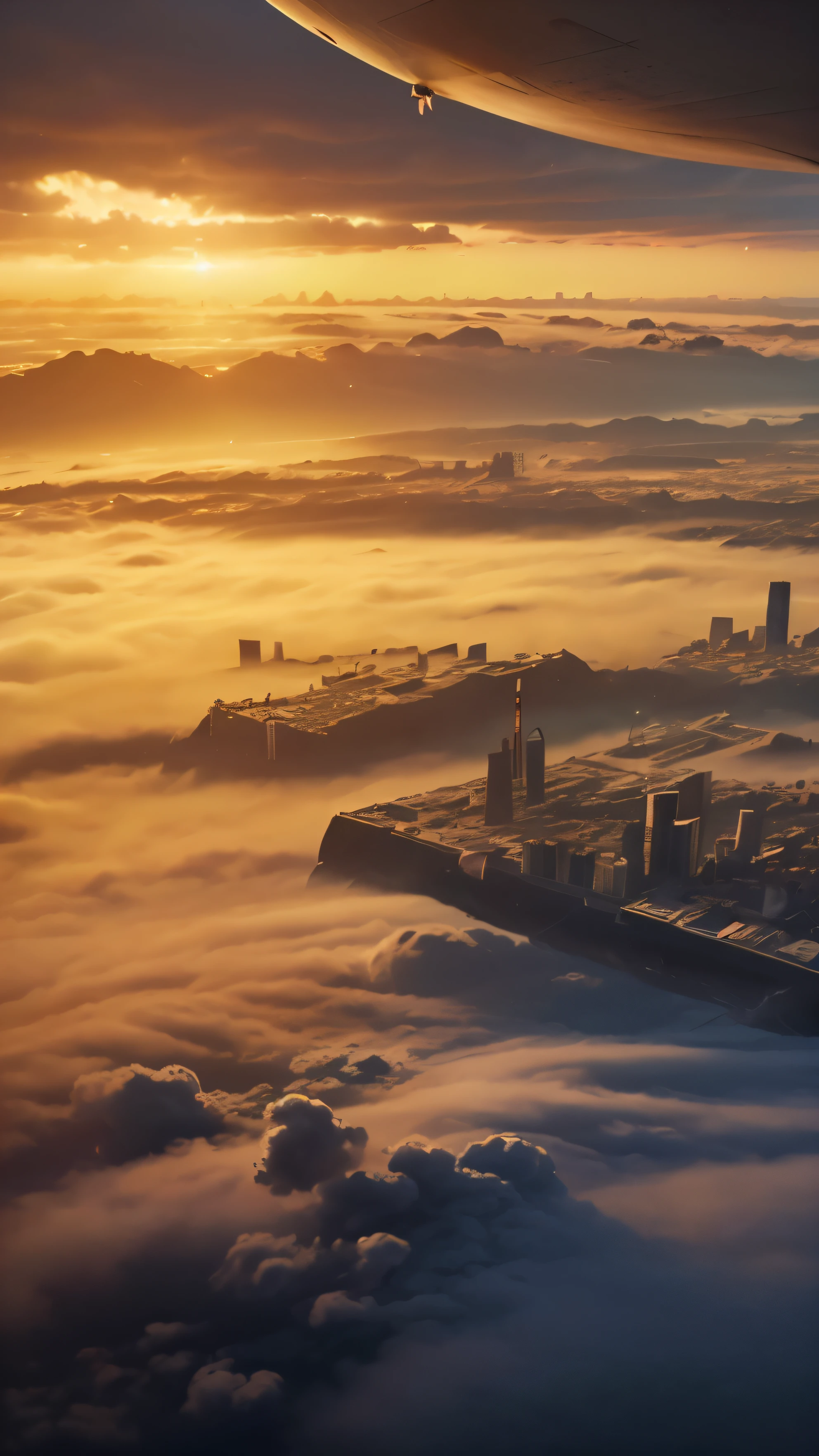 ariel view, create a single image of planet afar, bird's eye view of horizon (Best quality,4K,8K,A high resolution,Masterpiece:1.2),Ultra-detailed,(Realistic,Photorealistic,photo-realistic:1.37),Futuristic floating cities , lots of clouds,Futuristic technology,Huge high-tech tablet platform, Airships,Floating in the sky,Futuristic city,Small airships around,High-tech hemispherical platforms, city floating on lots of clouds, city on top of clouds, clouds at bottom, golden yellow tones ,sunset, hot weather,city floating on desert, summer, yellow sky, yellow orange clouds, hot summer, multiple cities, birds eye view, heart shaped floating city, lots of clouds, view from space. city on clouds, view from plane