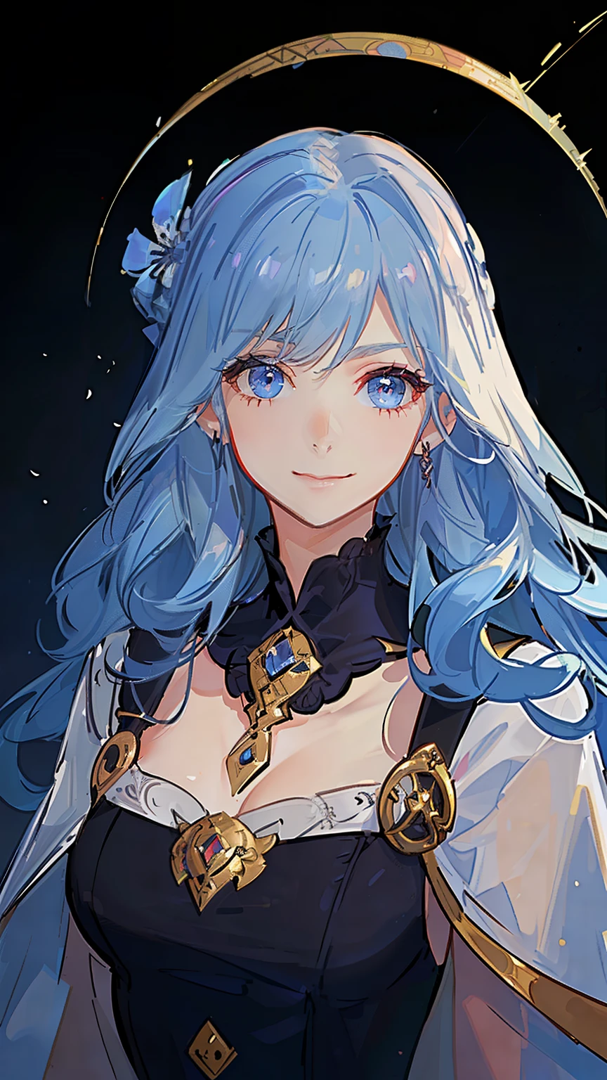 (high-quality, breathtaking),(expressive eyes, perfect face) 1girl, female, solo, adult, medium length hair, pale blue hair color, multicolored hair, glowing hair, red and black strands in hair, loose hair, wavy hair, curly hair, red blue eyes, soft expression, black cloak, white shirt, fantasy mage clothing, Goddess of Underworld and Hatred, space background, portrait, upper body, magic, mum vibe, smile, Ancient Roman Clothing, Ancient Greek Clothing, soft makeup, 1 Poppy Flower, age 40, Hades Inspired, Shield background, jewellery
