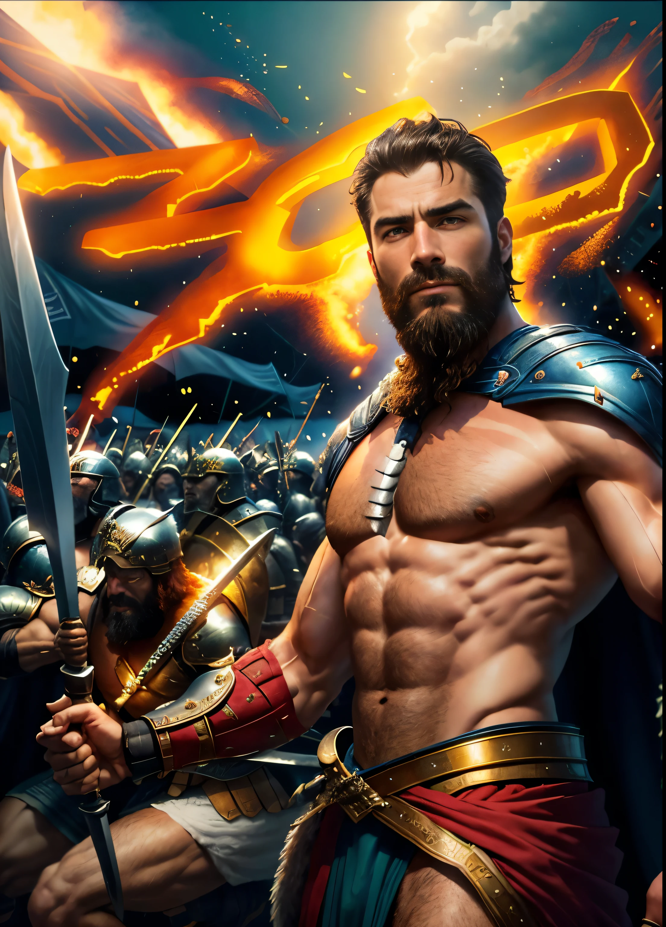 arafed image of a man with a sword in front of a crowd, 300 the movie, in screenshot from the 300 movie, with leonidas beard, spartan warrior, 4 0 0 bc, spartan, leading spartans into battle, 3 0 0, biblical epic movie, ares, [ theatrical ], 0 0 0 bc, 3rd century bc