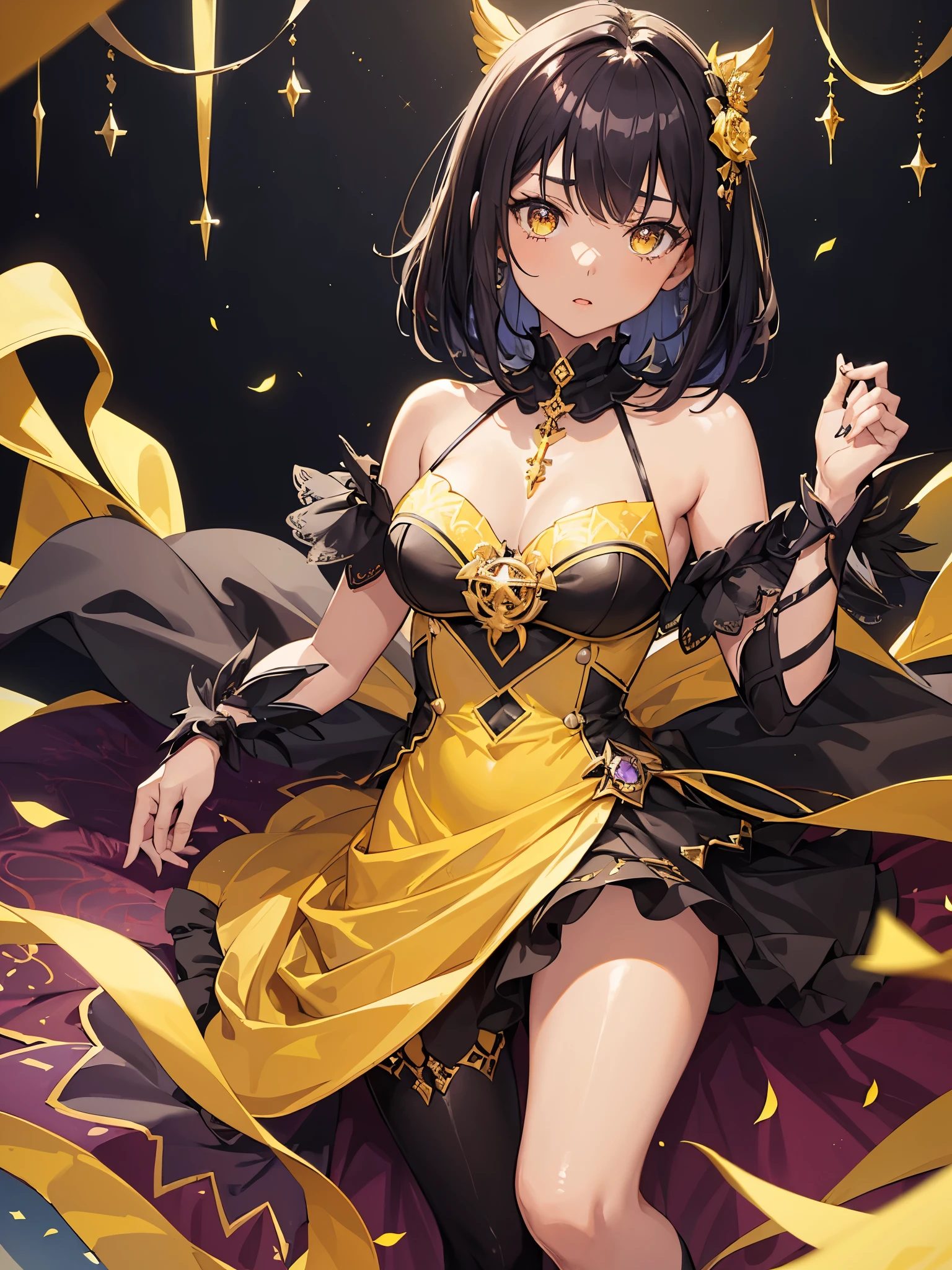 girl with short black and blonde hair, yellow eyes, black dress, highly detailed high contrast hd masterpiece of best quality in high resolution