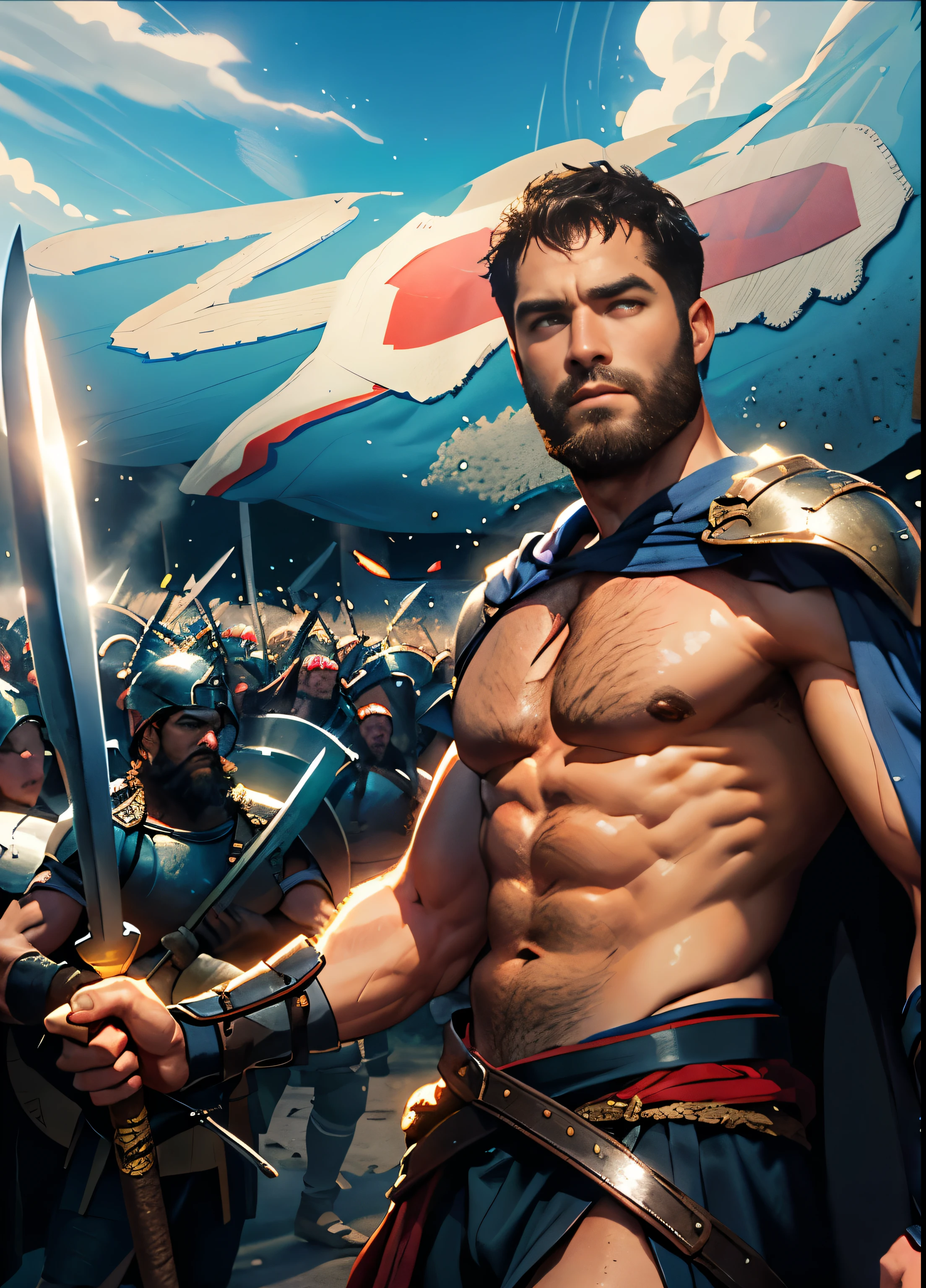 arafed image of a man with a sword in front of a crowd, 300 the movie, in screenshot from the 300 movie, with leonidas beard, spartan warrior, 4 0 0 bc, spartan, leading spartans into battle, 3 0 0, biblical epic movie, ares, [ theatrical ], 0 0 0 bc, 3rd century bc