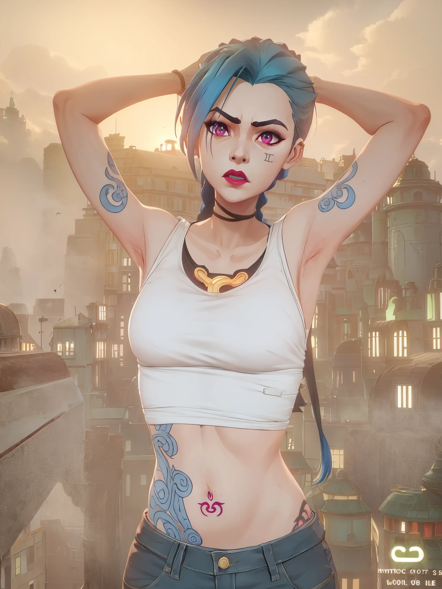 mysterious style,

1 girl, arm tattoo, asymmetrical Bangs, Bangs, blue hair, braid, brown shirt, cloud tattoo, looking at the audience, lol, crazy, 无法控制的lol声, crazy样子, night, City, green hair, long hair, diaphragm, pink eyes, red lips, shirt, alone, permanent, tattoo, twin braids, Upper body, arcane doom, doom \(League of Legends\)

