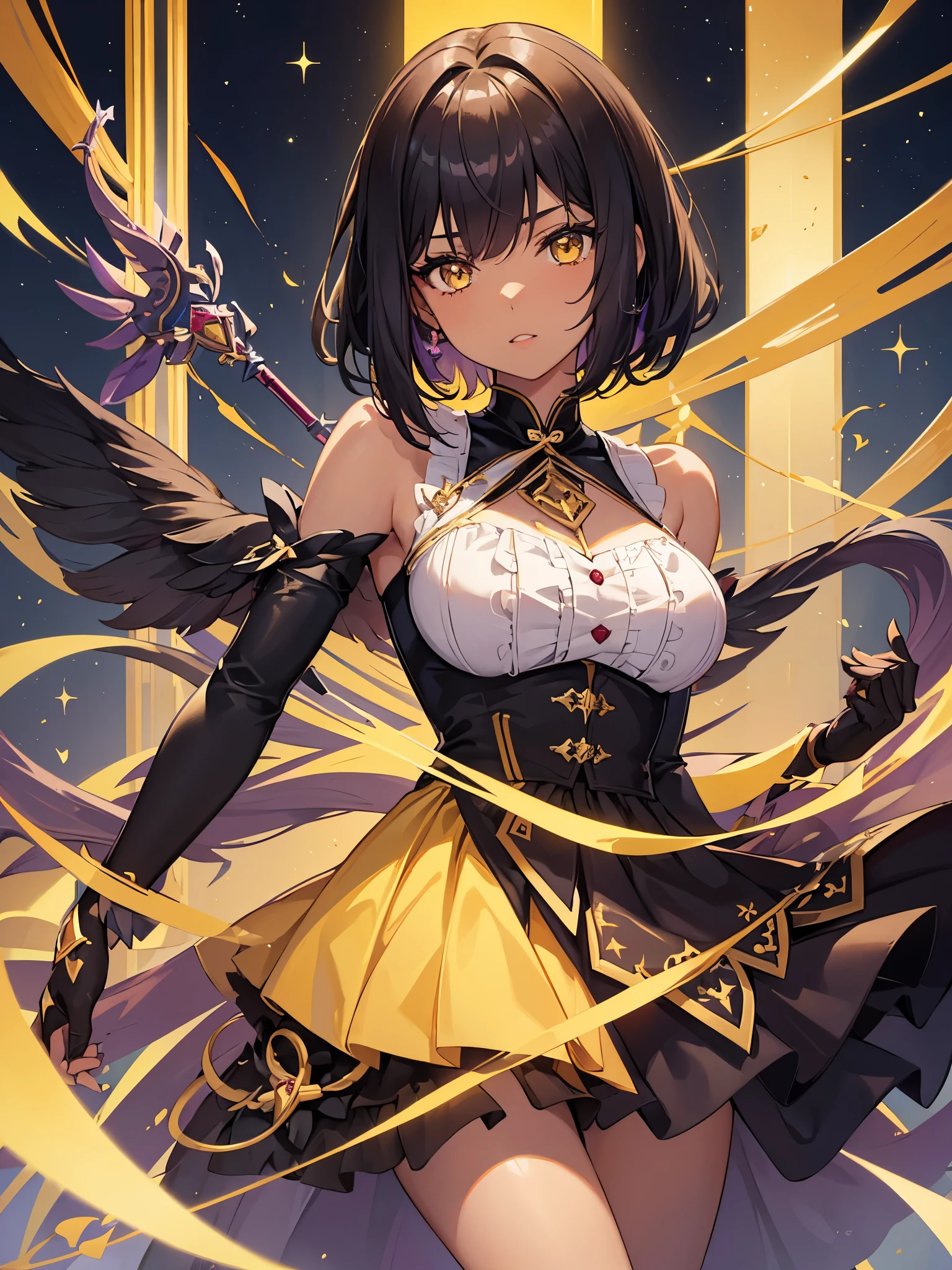 1girl, short straight hair, ((dark yellow skin)), dark violet eyes, sienna color hair, ((German style dress)), ((idol)), ((magical girl)), scarlet color dress