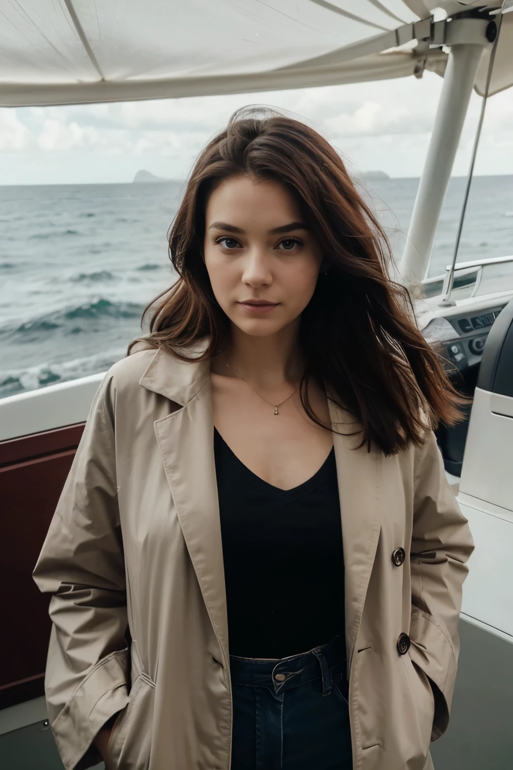 best quality, 1girl, upper body, facing front or forward, no angle, detailed eyes, with coat, burgundy hair at a ship with ocean background and looks like file:///D:/My%20Ocean/@marsch/372059397_651188757033964_8167924497862475782_n%20(1).jpg