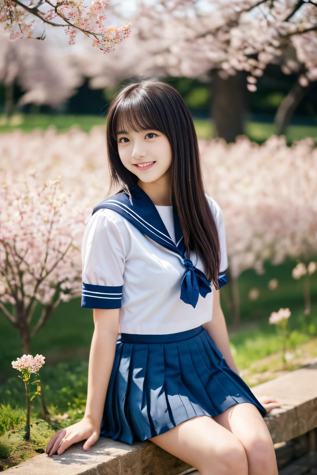 masterpiece, Best Quality, 8K, 1 girl, (18 years old), Teen ager, Raw photo, smile, Solo, (A super cute idol-like face:1.4), Delicate girl, Black hair, middle bob hair, straight hair, bangs, Looking at Viewer, Candid, Sophisticated, Professional Lighting, Film grain,  whole body, beautiful figure, The background is a field of yellow rape blossoms and rows of cherry blossom trees,  (White shirt, sailor school uniform, navy pleated skirt:1.2), tiny chest, Cherry Blossom, Sitting on the bench, 