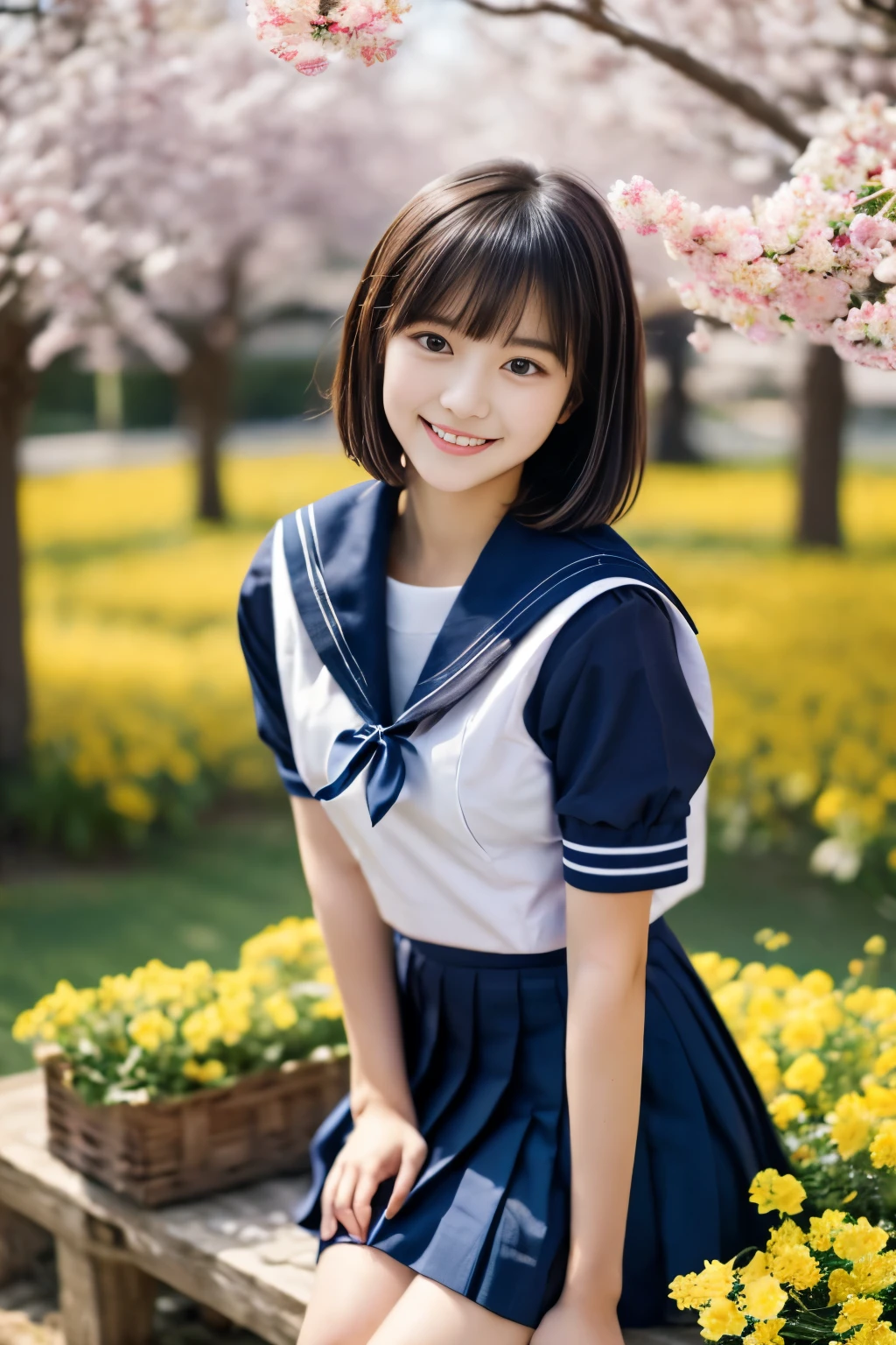 masterpiece, Best Quality, 8K, 1 girl, (18 years old), Teen ager, Raw photo, smile, Solo, (A super cute idol-like face:1.4), Delicate girl, Black hair, middle bob hair, straight hair, bangs, Looking at Viewer, Candid, Sophisticated, Professional Lighting, Film grain,  whole body, beautiful figure, The background is a field of yellow rape blossoms and rows of cherry blossom trees,  (White shirt, sailor school uniform, navy pleated skirt:1.2), tiny chest, Cherry Blossom, Sitting on the bench, 