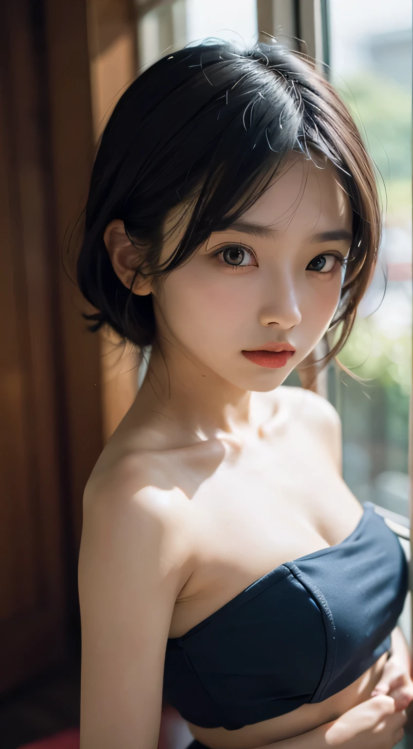 1人のnaked女性が横たわっている, Looking down at a woman from above, woman looks at viewer,  looking at camera, beautiful clavicle, broad shoulders, Beautiful woman, 15 years old, viewer&#39;point of view, naked, Close-up of face and collarbone, cute, look up, turn towards me, Emphasis on the clavicle, random hairstyle, beautiful eyes, double, Irojirou, like an idol, Bedroom, naked, 女性は丸naked, 