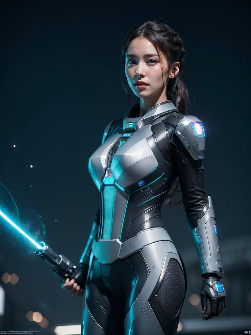 8K, highest quality, masterpiece, realistic, ultra detail,  photograph, HDR, High resolution, cinematic light, official art, High resolution, Depth of written boundary,(Emit laser light to the entire area), girl１name、20-year-old, shortcut、action pose,universe,cloudy sky、universe船、Starlight、thunder、universe戦艦