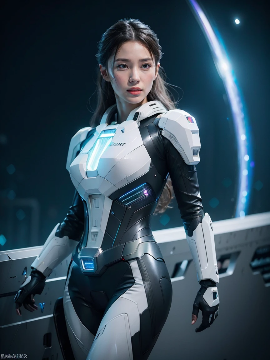 8K, highest quality, masterpiece, realistic, ultra detail,  photograph, HDR, High resolution, cinematic light, official art, High resolution, Depth of written boundary,(Emit laser light to the entire area), girl１name、20-year-old, shortcut、action pose,universe,cloudy sky、universe船、Starlight、thunder、universe戦艦