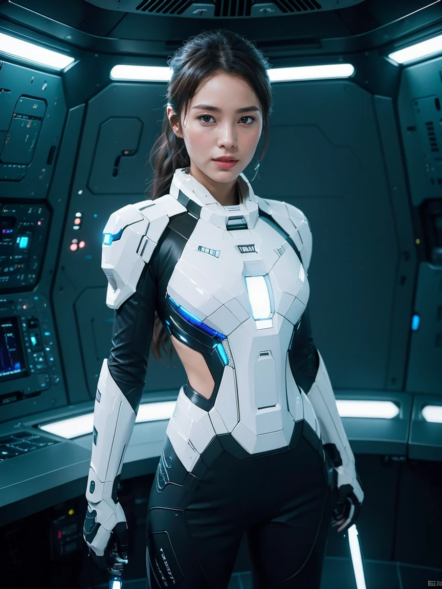 8K, highest quality, masterpiece, realistic, ultra detail,  photograph, HDR, High resolution, cinematic light, official art, High resolution, Depth of written boundary,(Emit laser light to the entire area), girl１name、20-year-old, shortcut、action pose,universe,cloudy sky、universe船、Starlight、thunder、universe戦艦