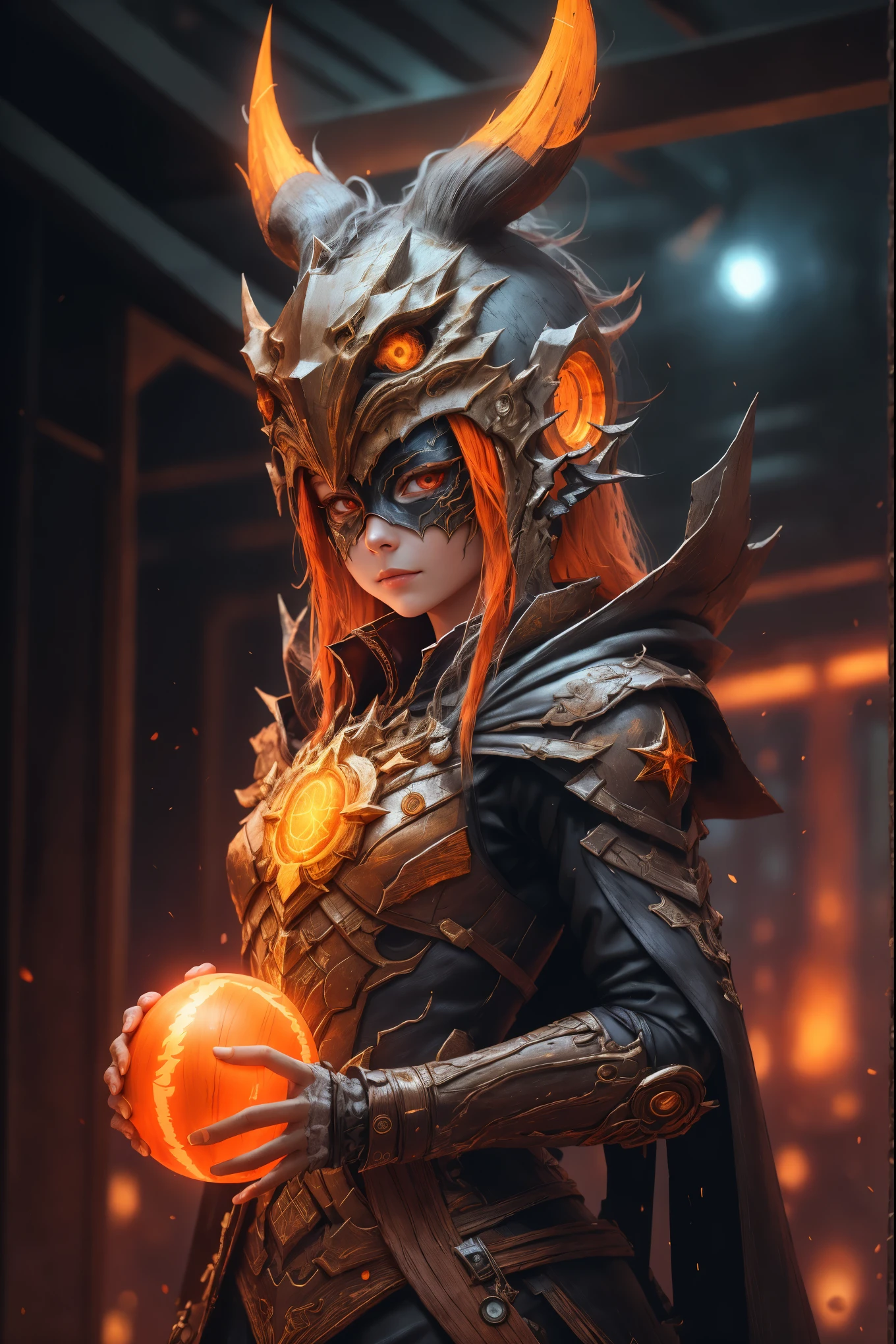 SH4g0d,
Girl Mage,Wearing a mask made of wood,sportrait,Stand in an S-shape,Small orange ring,