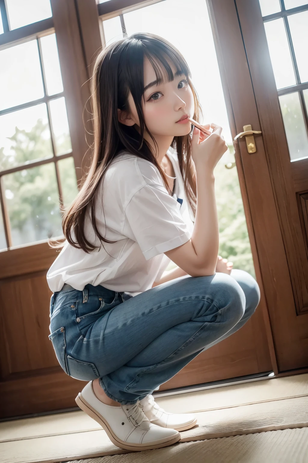 japanese girls,cute,shiny hair,long hair,detailed eyes,white shirt,jeans,Light is shining,Squat with your feet facing forward.,Low - Angle