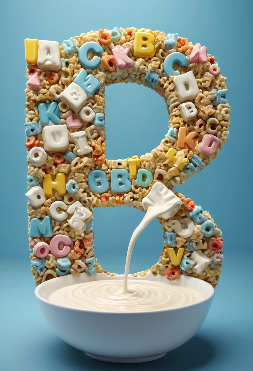 milk cereal in milk in milk in the tableware, shaped like an alphabet, elaborately designed, gleam, ultra realistic, extremely detailed CG unity 8k wallpaper, masterpiece, best quality