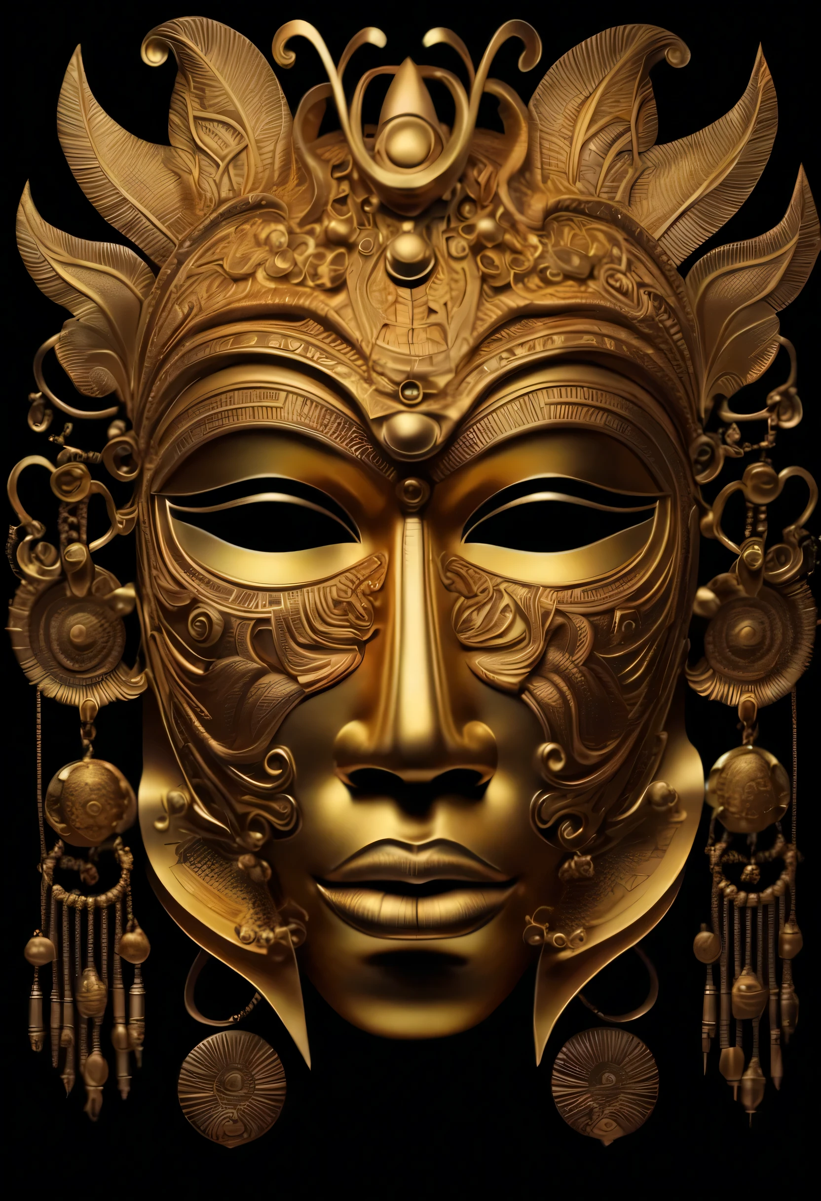 a closeup of a golden mask on a black background, Afrofuturismo, Afrofuturista, Mask of african god, african mask, rosto intrincado, tribal mask, Estilo Afrofuturista, dmt ego da morte, africano, detailed symmetrical face, intrincado rosto detalhado, Obunga, Assumiu o iPad, symmetical face, Enigmatic!!, intricate mask, dmt deus