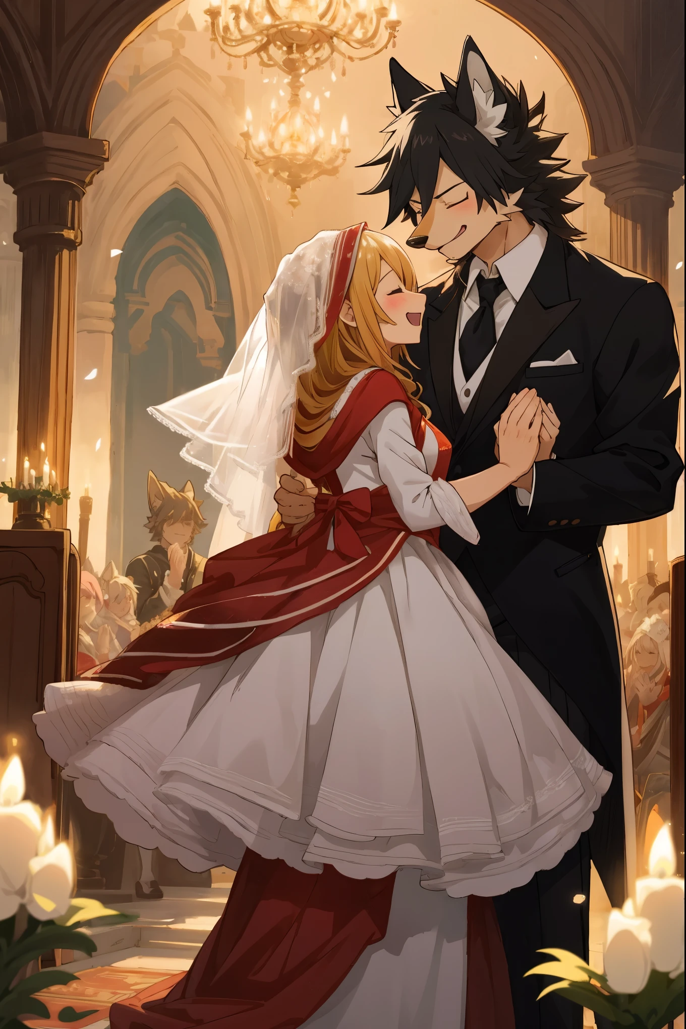 cover_page, Fairy Tail wedding scene, Little Red Riding Hood Wedding with the Wolf, Beautifully dressed old lady in the background, Uncle of a hunter in a stylish suit, Clapping hands in joy and celebrating, Romantic and dreamy atmosphere, Ceremony in a lavishly decorated venue,