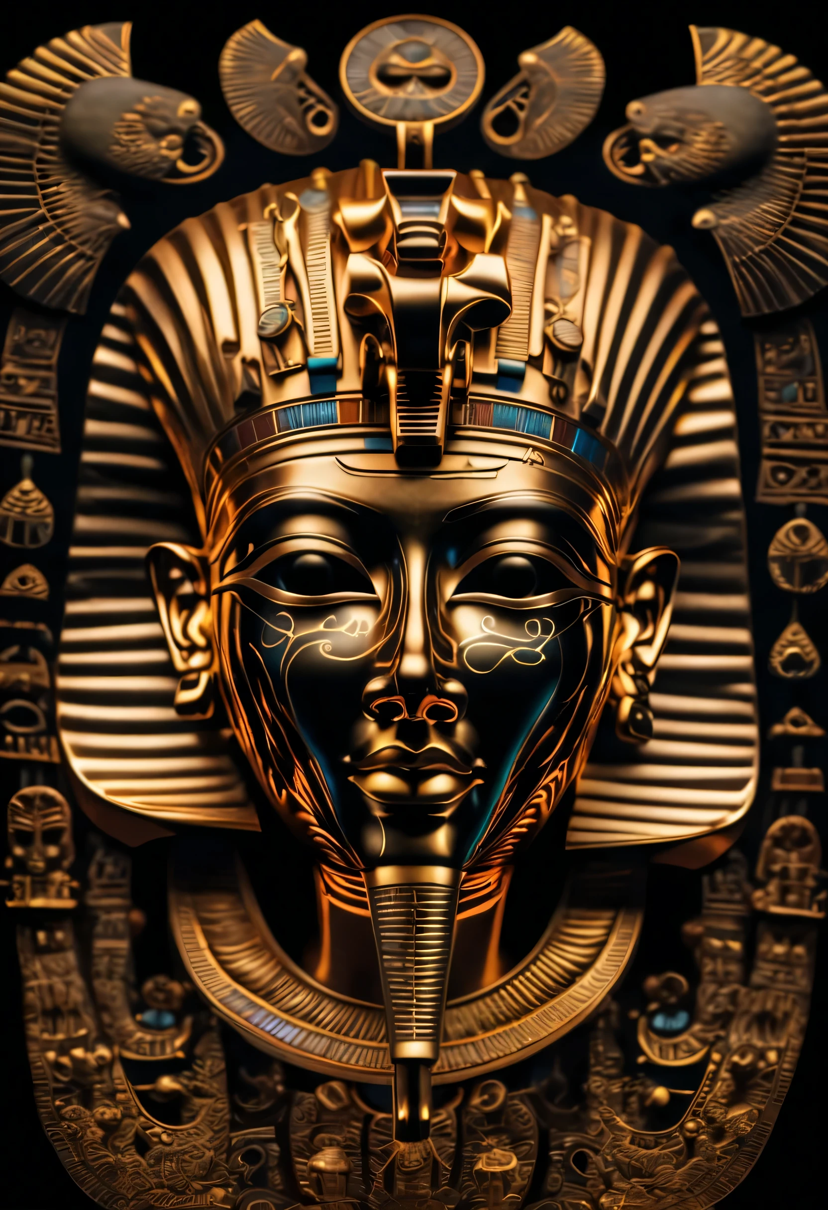 a closeup of a golden mask on a black background, egyptian, egyptianrista, Mask of egypt god, egyptian mask, rosto intrincado, tribal mask, Estilo egyptianrista, dmt ego da morte, egyptian, detailed symmetrical face, intrincado rosto detalhado, حورس ,سيت o iPad, symmetical face, Enigmatic!!, intricate mask, dmt deus