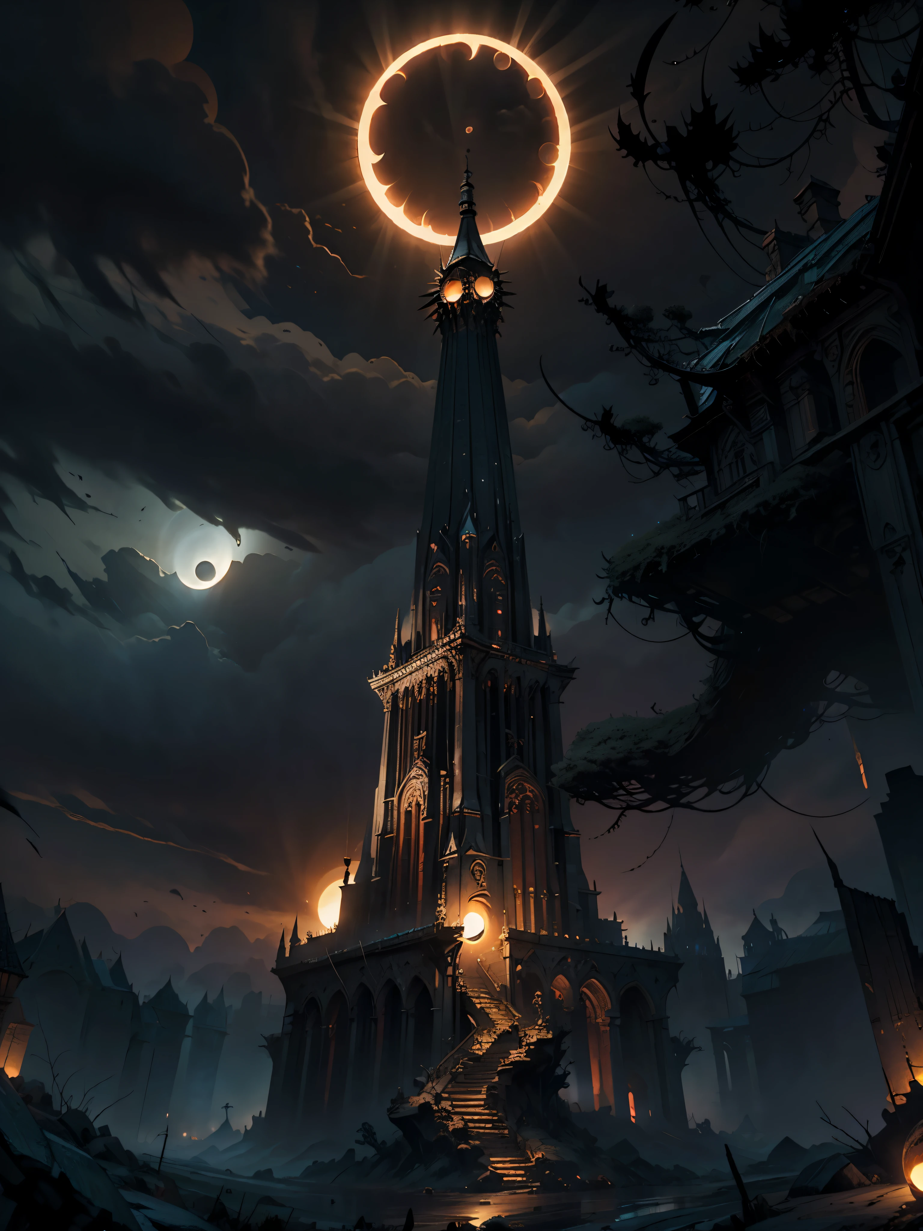 (masterpiece:1.5), best quality, extremly detailed, dark fantasy tower wtith spiky roof, wide base, dark tower, centered focus, view from the bottom of the tower, apocalypse, (solar eclipse:1.4), landscape, dark atmosphere, dark fantasy style, epic emotions, red and black and orange colors, hellsih landscape, apocaliptic ladscape, dark picture, (epic), no_humans, cinematic, epic atmosphere, foggy ground, apocaliptic scenery