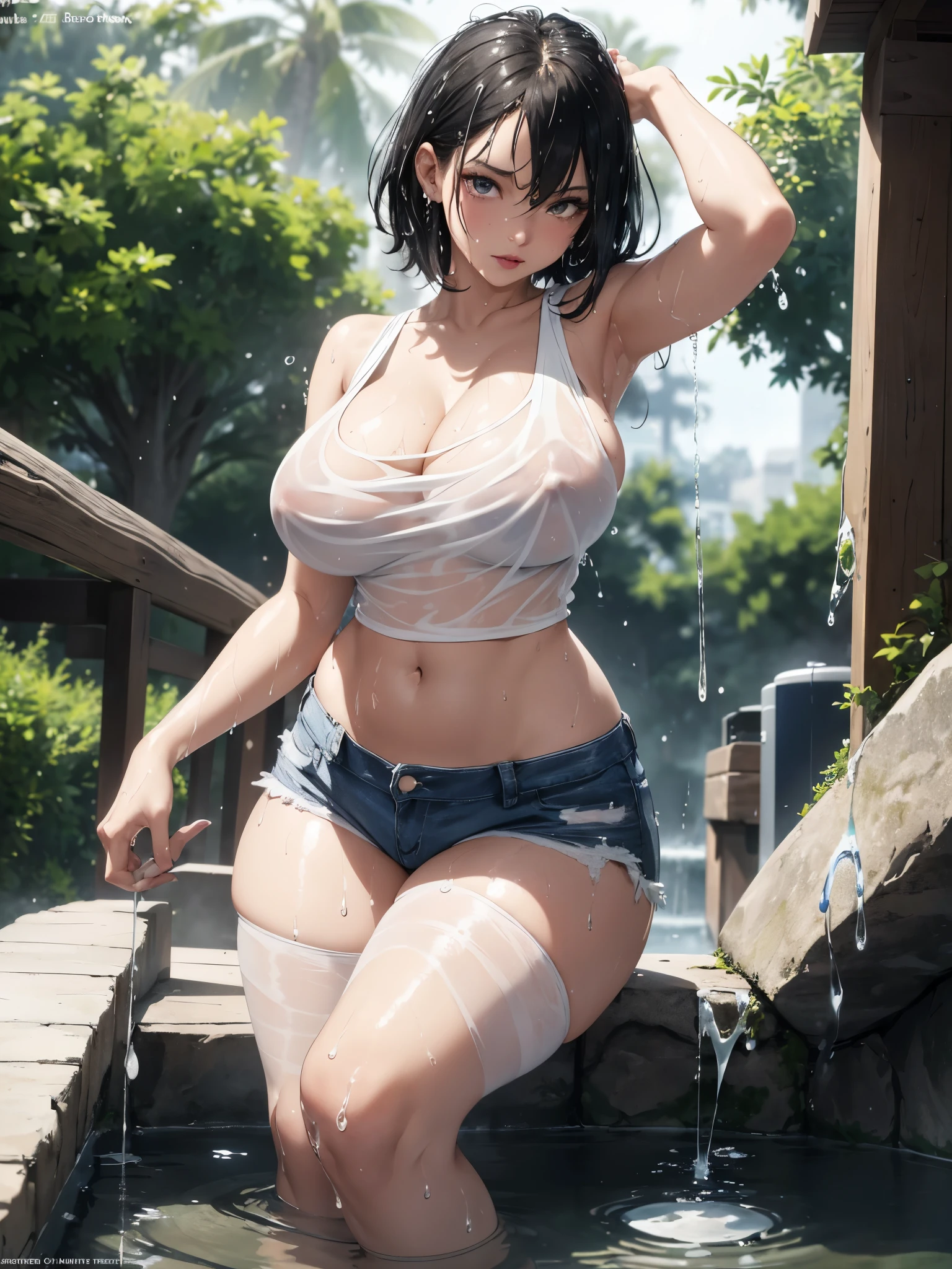 PERFECT MASTERPIECE, EXTREMELY DETAILED CG UNITY 8K UHD QUALITY RESOLUTION WALLPAPER, PHOTOREALISTIC, RAW PHOTO, PERFECT PHOTOGENIC CLARITY, OFFICIAL ART, AWARD-WINNING PORTRAIT, ULTRA HYPER-REALISTIC, ULTRA HYPER-DETAILED, SHINY REALISTIC SKIN, RAY TRACING, The most beautiful and sexy girl , short black hair, vibrant moonlight eyes, long detailed eyelashes, blushing, full pouting pink lips, curvy body type, full hips, tons of tattoos and piercings, super huge enormously gigantic tits, cleavage showing, gigantic tits bursting out of her tank top, ((wearing a soaking wet white tank top, dripping wet white tank top, see through the wet tank top:1.3)) and blue jean shorts, arching her back in a sexy seductive slutty pose, looking at the viewer, cowboy shot from below, sexy seductive slutty facial expression, neighborhood park backgroundbackground