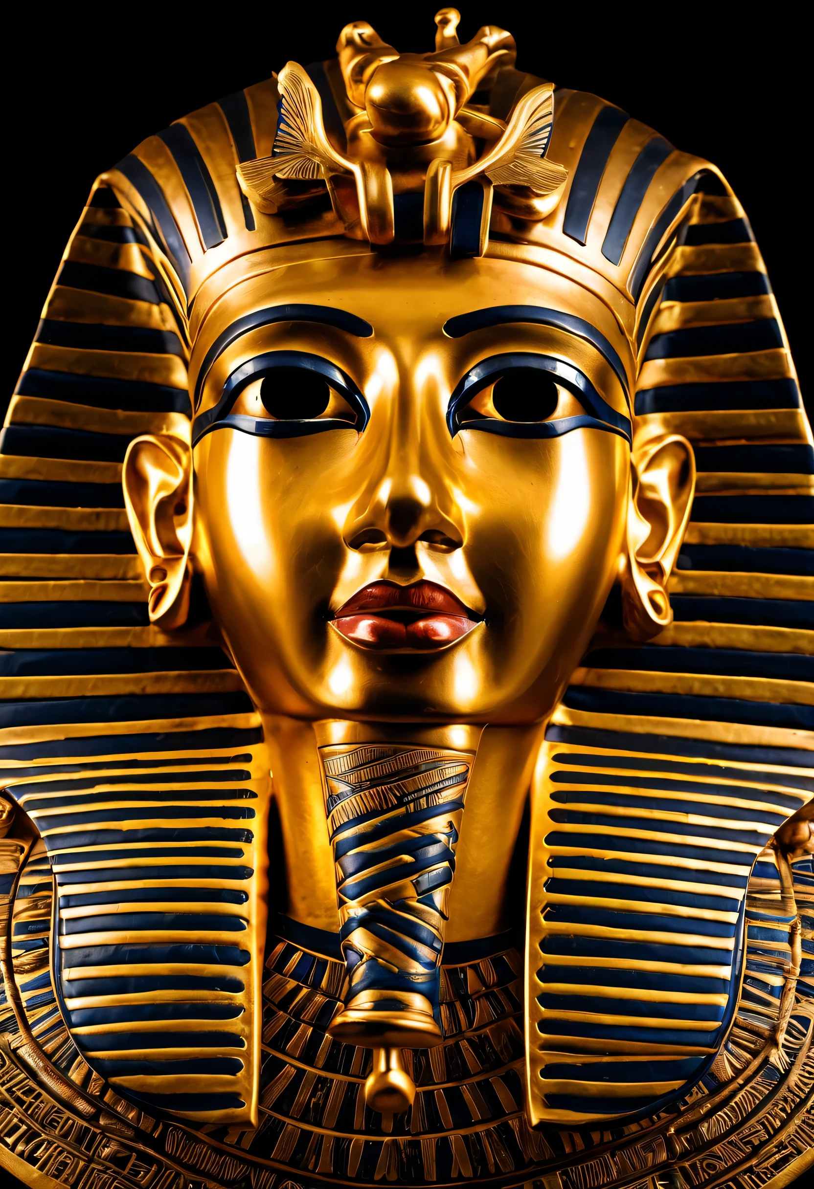 a closeup of a golden mask on a black background, egyptian, egyptianrista, Mask of egypt god, egyptian mask, rosto intrincado, tribal mask, Estilo egyptianrista, dmt ego da morte, egyptian, detailed symmetrical face, intrincado rosto detalhado, حورس,سيت  o iPad, symmetical face, Enigmatic!!, intricate mask, dmt deus