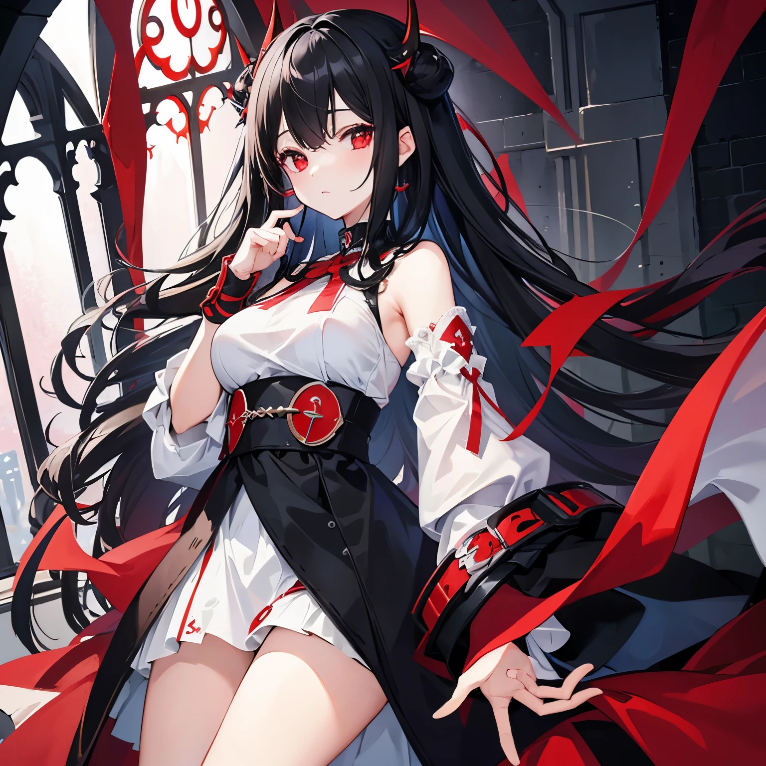 1 girl、1 boy、black hair、red eyes、devil、Symmetrical、church