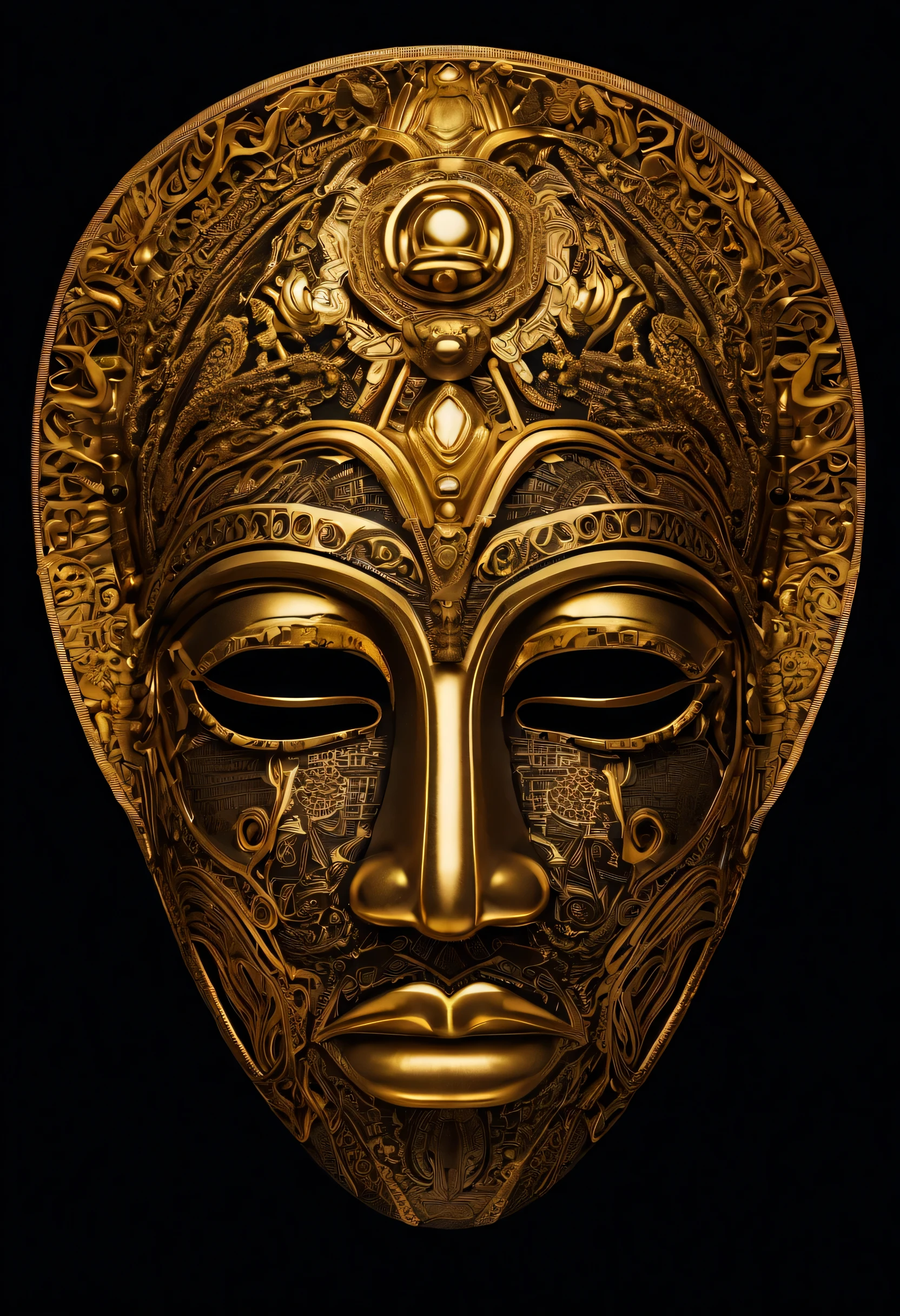 a closeup of a golden mask on a black background, Afrofuturismo, Afrofuturista, Mask of african god, african mask, rosto intrincado, tribal mask, Estilo Afrofuturista, dmt ego da morte, africano, detailed symmetrical face, intrincado rosto detalhado, Obunga, Assumiu o iPad, symmetical face, Enigmatic!!, intricate mask, dmt deus