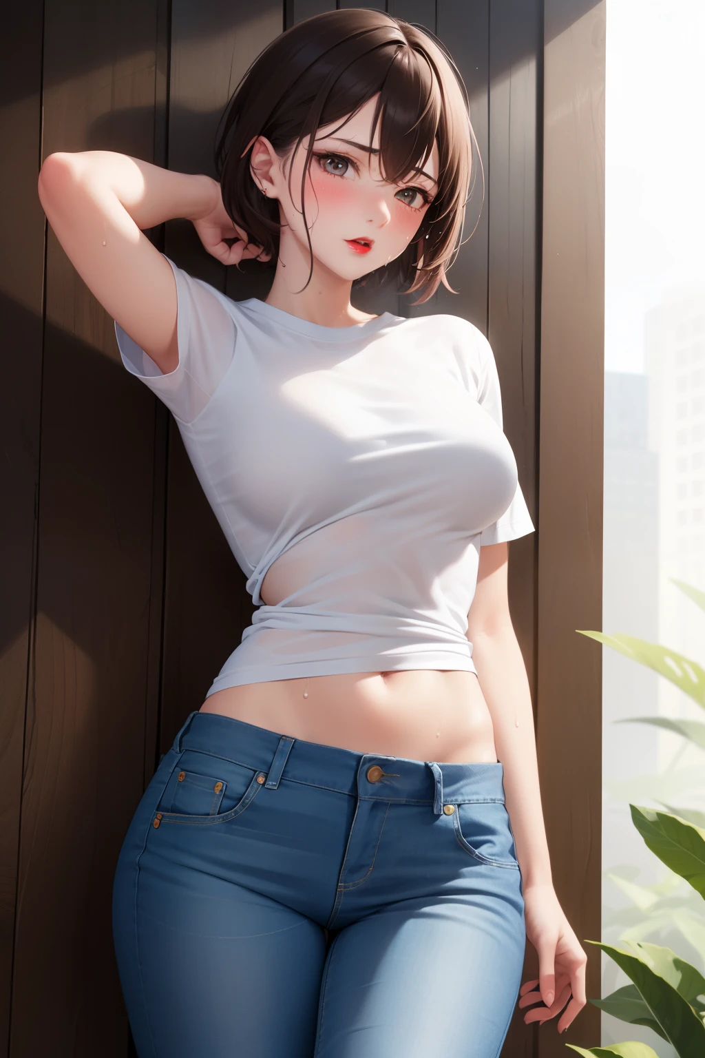 1 girl, breasts pressed together with her upper arms, medium breasts, white skin, sweating, tight character T-shirt on the upper body, super short jeans tight on the lower body, sexy, red lips, blushing,