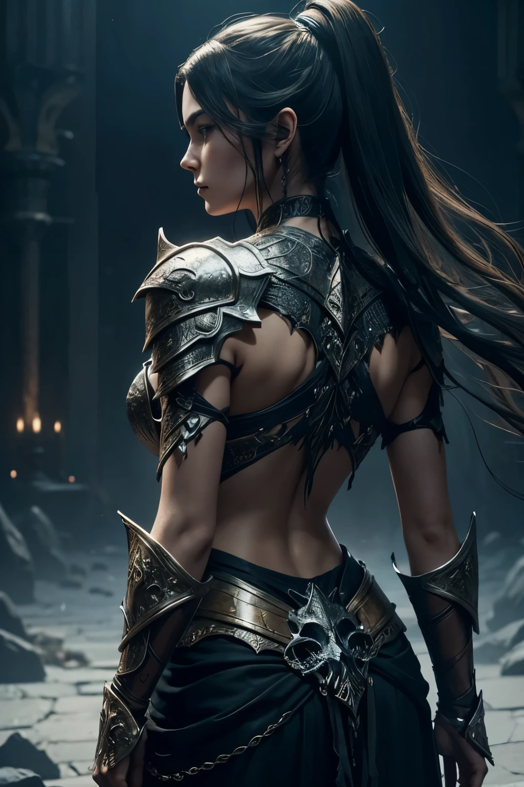 A captivating close-up image of a female character donning an enchanting armor from the Dark Souls 3 video game series. The armor, adorned with intricate skull motifs, covers her upper body and extends to her waist. The detailed designs illuminate under the dim, mystical lighting of the game, creating an enchanting contrast between dark and light. Her long, flowing hair cascades down her back, adding an ethereal touch to this breathtaking piece of digital art. 

This high definition, hyper-realistic illustration showcases the smooth curves and sharp edges of the armor, masterfully rendering every skull detail with precision and care. The atmosphere is both threatening and