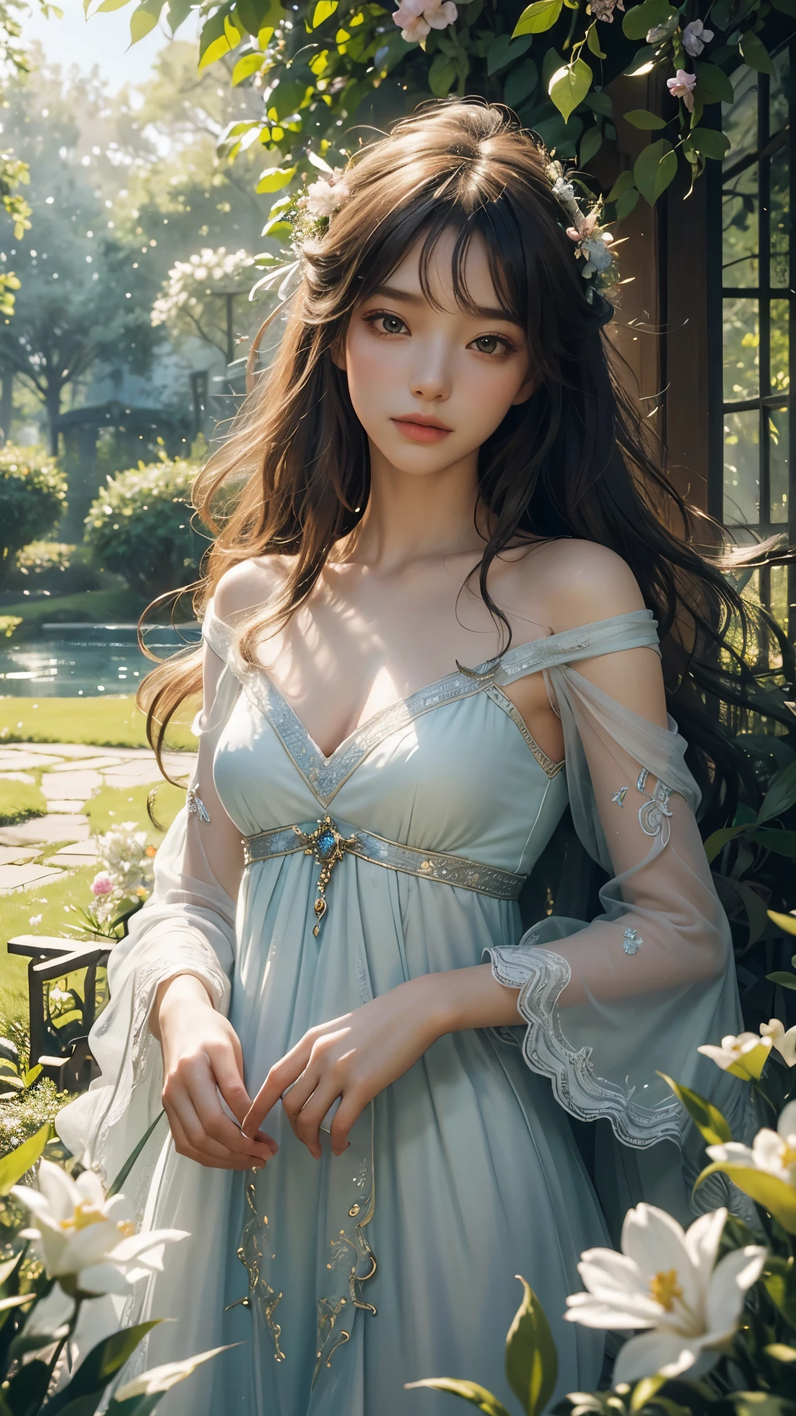 (highres,realistic),detailed lady,beautiful unicorn,elegant lady,enchanted garden,soft lighting,romantic atmosphere,impressionist style,rich colors,serene expression,lush flowers and greenery,ethereal beauty,graceful pose,fantasy element,gentle breeze,subtle textures,sublime charm,mythical creature,sublime magic,vibrant palette,whimsical narrative,magical bond,bright highlights,soft shadows,playful interaction,breathtaking scene,dimensions merging,coexistence of reality and dreams,glowing sunlight,dreamlike scenario,surreal ambiance,delicate details,sublime beauty,mystical aura,peaceful harmony,unbreakable connection,fairytale quality,poetic presence,hidden symbolism,tempting mystery,everlasting grace
