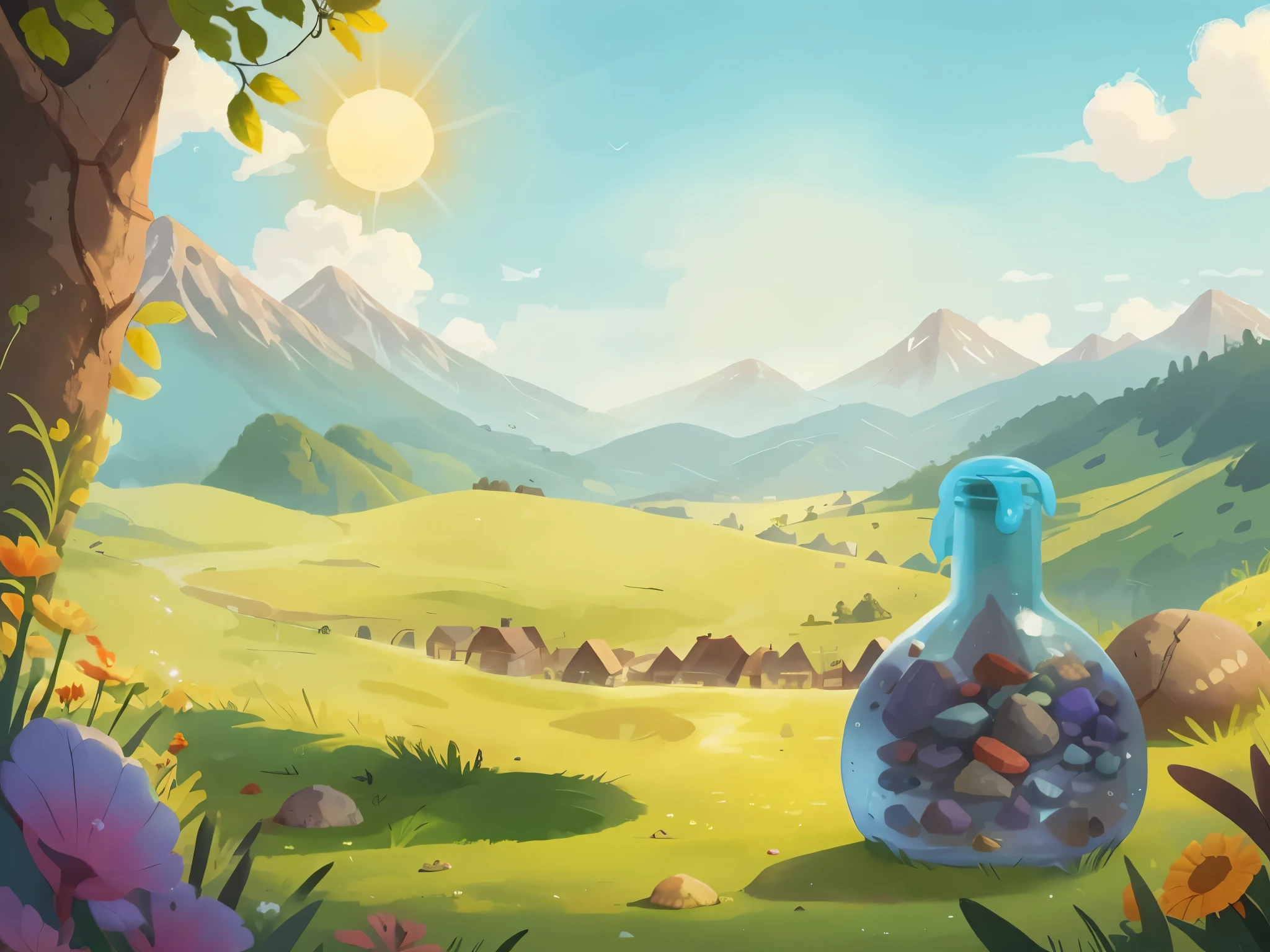 A glass bottle with small stones and water inside, water overflows the glass bottle, encontra-se na grama, flores, pedras, close-up, sol, sky, montanhas, casas, sol, cartoon illustration