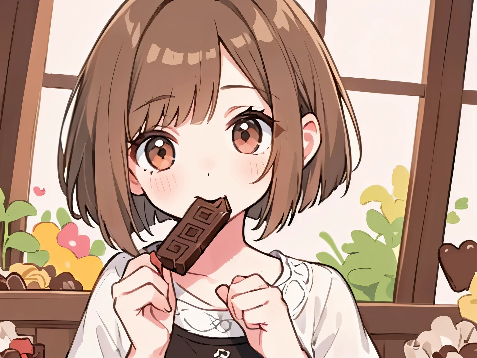 (((A girl with brown hair and a bob cut is eating chocolate))),(((solo))),(Highest image quality, In 8K, masterpiece, super detail),Little,