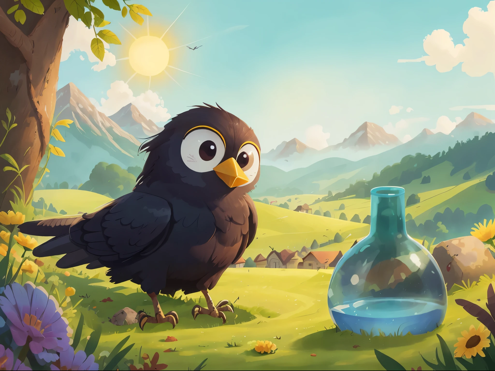 High quality, high-definition, details, crows drinking water, cartoons, illustrations,no humans, outdoors, scenery, flower, grass, sky, sun, tree, day, mountain, cloud, blue sky, yellow flower, sunlight, nature, sunflower, landscape, field, mountainous horizon