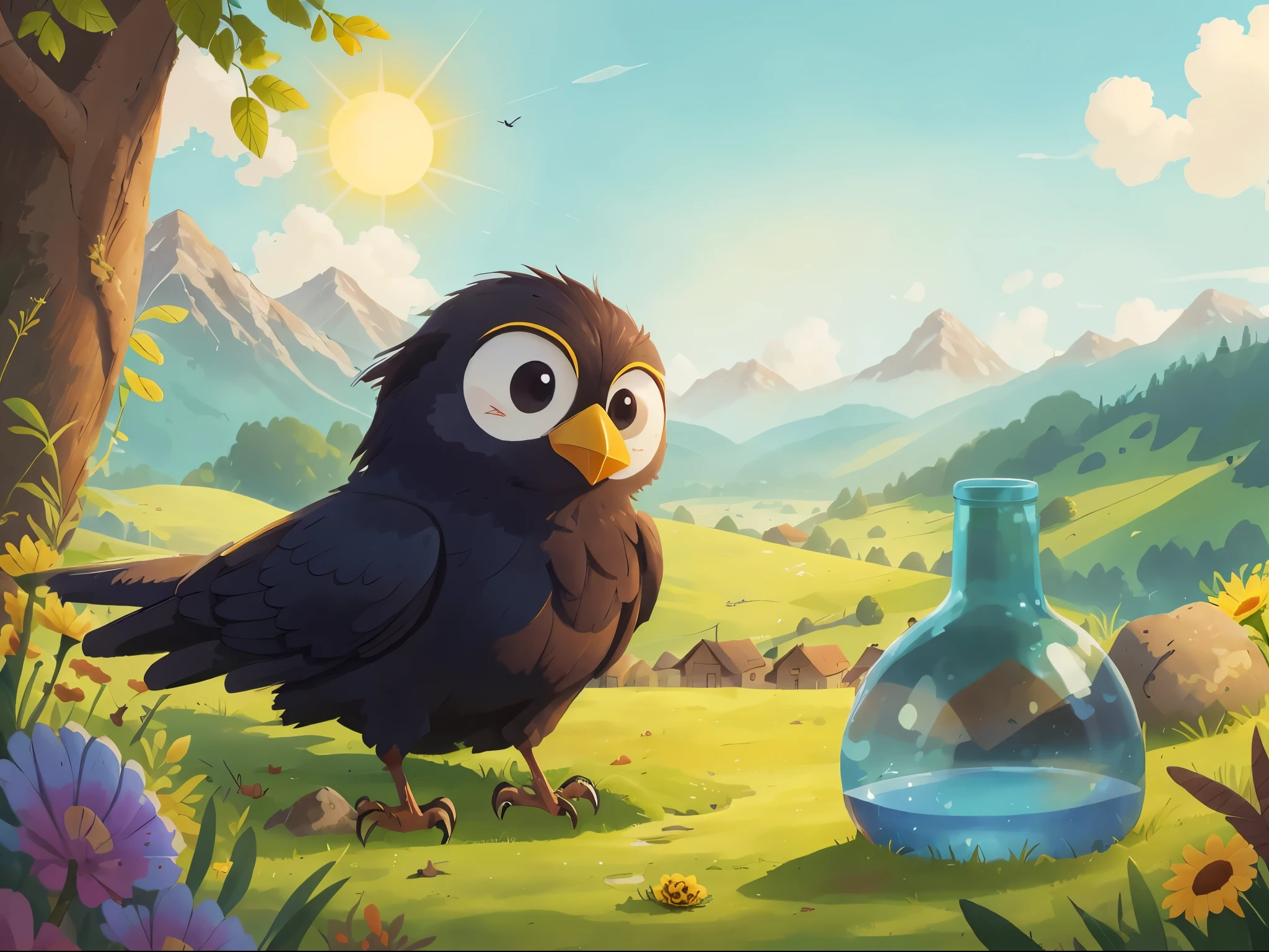 High quality, high-definition, details, crows drinking water, cartoons, illustrations,no humans, outdoors, scenery, flower, grass, sky, sun, tree, day, mountain, cloud, blue sky, yellow flower, sunlight, nature, sunflower, landscape, field, mountainous horizon
