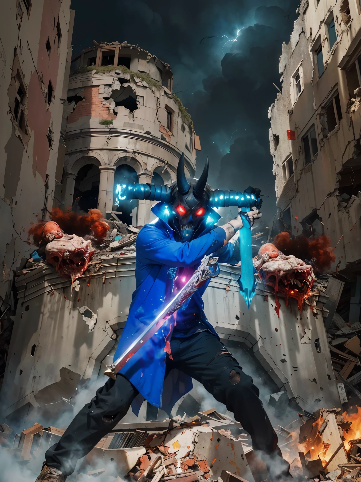 ((Alucard_MOBILE LEGEND),((realistic, photorealistic)),(highlight mask)), Light reflection, (( HD )),((upper body)), (((best quality, masterpiece))), (masterpiece) (best quality) (detail) (8k) (HDR) (wallpaper) (cinematic lighting) (sharp focuasterpiece, best quality: 1.1), 1men solo, alucard, shadow,back light,Destruction city background,Holding a sword, white gloves, black mouth mask,Create dystopian masterpieces,Depict the destroyed futuristic cityscape in a gritty game concept art style. The artwork should evoke a sense of futuristic desolation and despair, post apocalyptic world. Keep an eye on the intricacies of detail, Sharp focus, and a highly detailed description of the ruined city. Take inspiration from the artistic styles of Wayne Barlow and Zdislav Beksiński. Deliver this image in movie view format, Show the bleak beauty of this decaying world, Particles fire motion blur,Red light eyes,Look forward,(best quality,masterpeace),(hyperdetailed colourful), A post-apocalyptic wasteland with ruins of a once-great civilization ,perfect composition, best exposition, (golden ratio:1.2) , hdr, dramatic,cinematic lighting, trending on artstation,trending on CGSociety, professional photo,immense detail,Corpses piled up,Dead bodies lying , male corpse,Mask, horned, long ears, holding a sword,Blue light aura, destroyed castle, destruction, smoke, meteorites, building ruins,No hair,corpses lying bleeding, stepping on corpses,