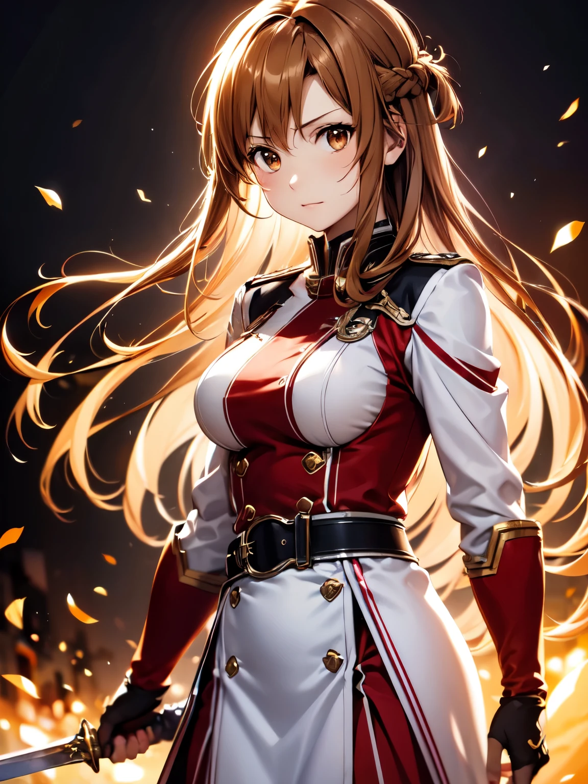 best pictures, masterpiece、ultra precision、[3D images:1.5]、sword in hands、[[rapier:1.10]]、wielding sword、High quality anime girl with brown hair and brown eyes,red and white uniform, 8k images、best pictures, realistic, soft light、cowboy shot、Absolute reference to center