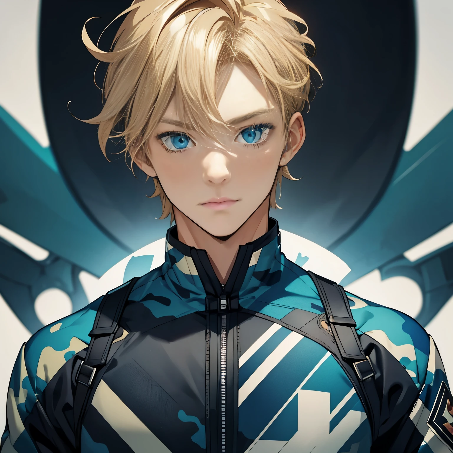 masterpiece, best quality, , 1boy, solo, male focus, looking at viewer, upper body, depth of field, anime coloring, realistic, blonde hair, aqua Blue eyes, camo Millitary Clothes,