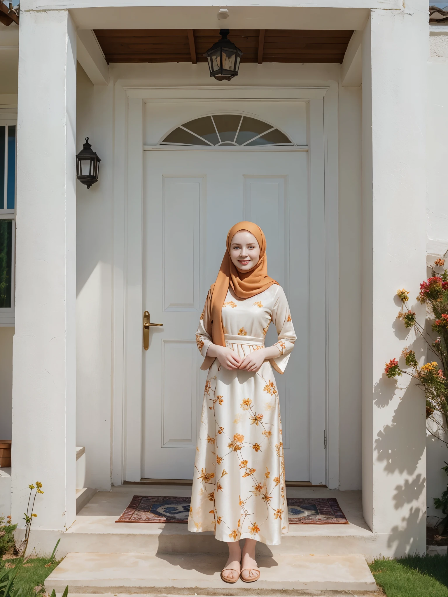 (1woman), full body shot of a beautiful ginger woman, standing in front of the house, very porcelain skin, freckles, very fair skin, extremely pale skin, smiling, wearing turkish style hijab, flower pattern gamis dress