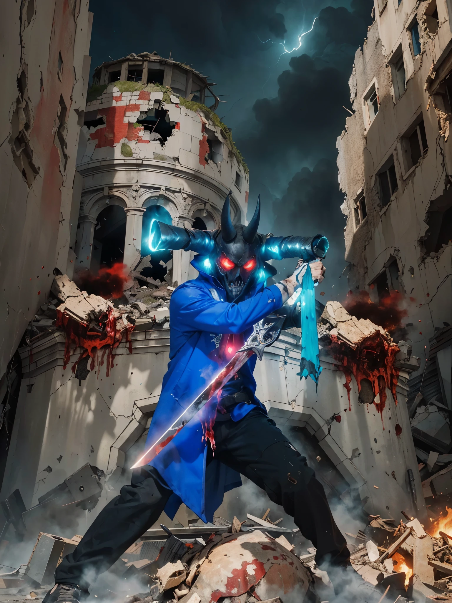 ((Alucard_MOBILE LEGEND),((realistic, photorealistic)),(highlight mask)), Light reflection, (( HD )),((upper body)), (((best quality, masterpiece))), (masterpiece) (best quality) (detail) (8k) (HDR) (wallpaper) (cinematic lighting) (sharp focuasterpiece, best quality: 1.1), 1men solo, alucard, shadow,back light,Destruction city background,Holding a sword, white gloves, black mouth mask,Create dystopian masterpieces,Depict the destroyed futuristic cityscape in a gritty game concept art style. The artwork should evoke a sense of futuristic desolation and despair, post apocalyptic world. Keep an eye on the intricacies of detail, Sharp focus, and a highly detailed description of the ruined city. Take inspiration from the artistic styles of Wayne Barlow and Zdislav Beksiński. Deliver this image in movie view format, Show the bleak beauty of this decaying world, Particles fire motion blur,Red light eyes,Look forward,(best quality,masterpeace),(hyperdetailed colourful), A post-apocalyptic wasteland with ruins of a once-great civilization ,perfect composition, best exposition, (golden ratio:1.2) , hdr, dramatic,cinematic lighting, trending on artstation,trending on CGSociety, professional photo,immense detail,Corpses piled up,Dead bodies lying , male corpse,Mask, horned, long ears, holding a sword,Blue light aura, destroyed castle, destruction, smoke, meteorites, building ruins,No hair,corpses lying bleeding, stepping on corpses,Human blood, body cuts, Bloody skull'