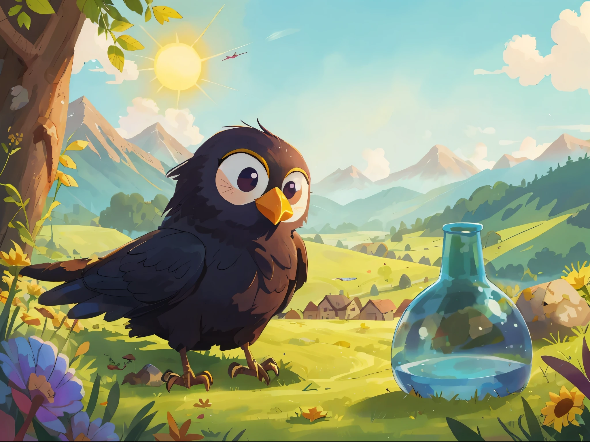 High quality, high-definition, details, crows drinking water, cartoons, illustrations,no humans, outdoors, scenery, flower, grass, sky, sun, tree, day, mountain, cloud, blue sky, yellow flower, sunlight, nature, sunflower, landscape, field, mountainous horizon