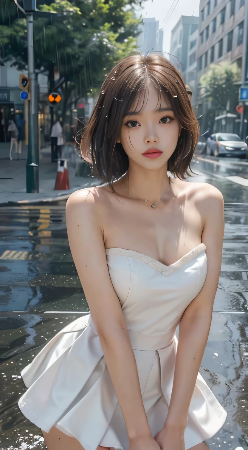 ((best qualtiy, 8k, tmasterpiece:1.3)), Focus:1.2, perfect figure beautiful woman:1.4, Cocked buttocks:1.2, ((Cut hair in layers:1.2)), , (Rain, Street:1.3), Bandeau Dress:1.1, Highly detailed facial and skin texture, A detailed eye, 二重まぶた,Whiten skin,long whitr hair,(with a round face:1.5),white stockings,soggy