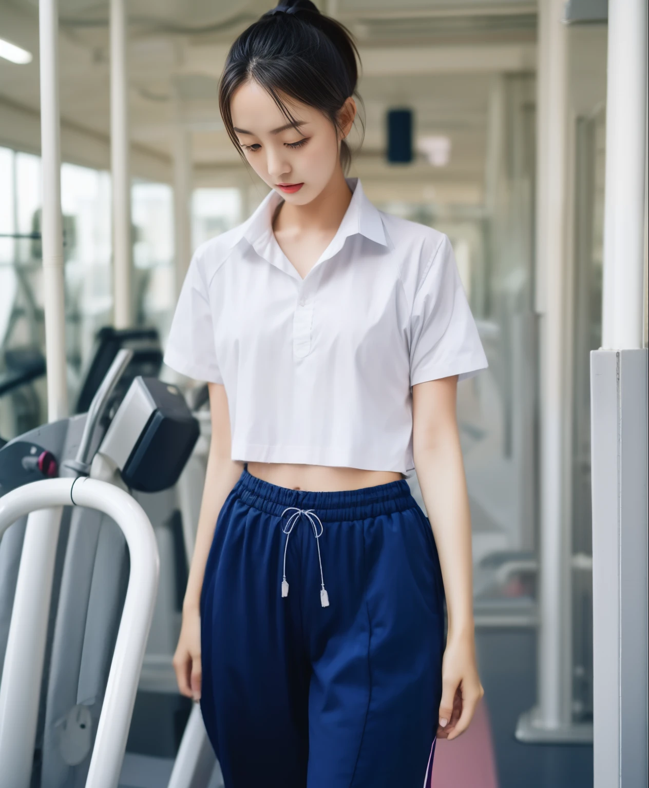 3 girls in fitness center, Navy blue short-sleeved shirt,Navy Long Trackpant,Sweatpants, Sweatpantsขายาว,25 year old girl, lesbian, sexy, exercise clothes, wet body, exercise clothes