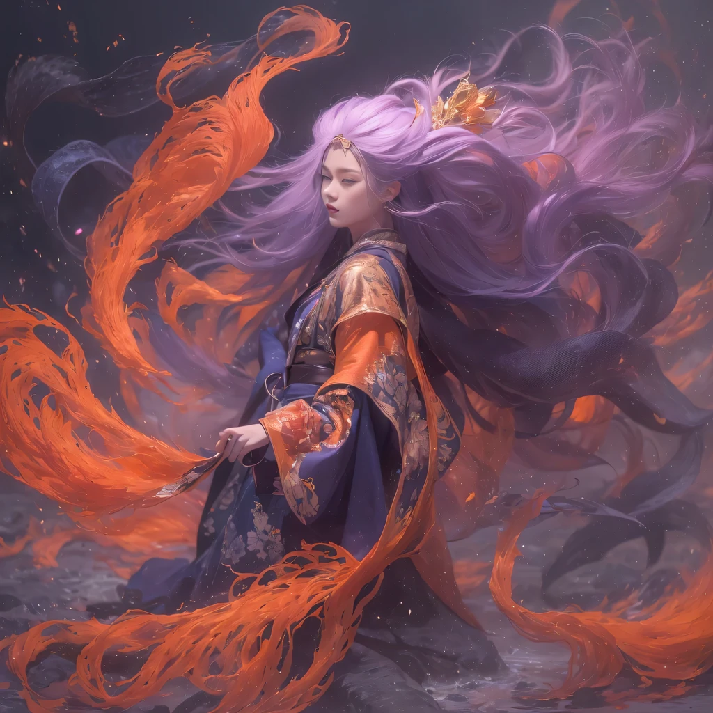 3860 Cyberpunk Year（masterpiece，HD，超HD，32k）Bright purple flowing hair，autumn pond，we disagree， a color， Asian （Michiko）， （silk scarf）， fighting stance， looking at the ground， Orange gradient long hair， Floating bright purple， Fire cloud gold headdress， Chinese long-sleeved gold silk garment， （Abstract ink splash：1.2），mars background，lotus（realistically：1.4），Bright purple hair，Smoke on the road，The background is very pure， high resolution， detail， original photo， Sharp Re， Nikon D850 film photo by Jefferies Lee 4 Kodak Portra 400 camera F1.6 guns, rich and colorful, Super real、Vivid textures, dramatic lighting, Unreal Engine Art Station Trend, Silicon Nest 800，Bright purple flowing hair