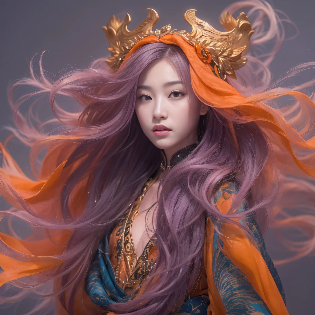 3860 Cyberpunk Year（masterpiece，HD，超HD，32k）Bright purple flowing hair，autumn pond，we disagree， a color， Asian （Michiko）， （silk scarf）， fighting stance， looking at the ground， Orange gradient long hair， Floating bright purple， Fire cloud gold headdress， Chinese long-sleeved gold silk garment， （Abstract ink splash：1.2），mars background，lotus（realistically：1.4），Bright purple hair，Smoke on the road，The background is very pure， high resolution， detail， original photo， Sharp Re， Nikon D850 film photo by Jefferies Lee 4 Kodak Portra 400 camera F1.6 guns, rich and colorful, Super real、Vivid textures, dramatic lighting, Unreal Engine Art Station Trend, Silicon Nest 800，Bright purple flowing hair