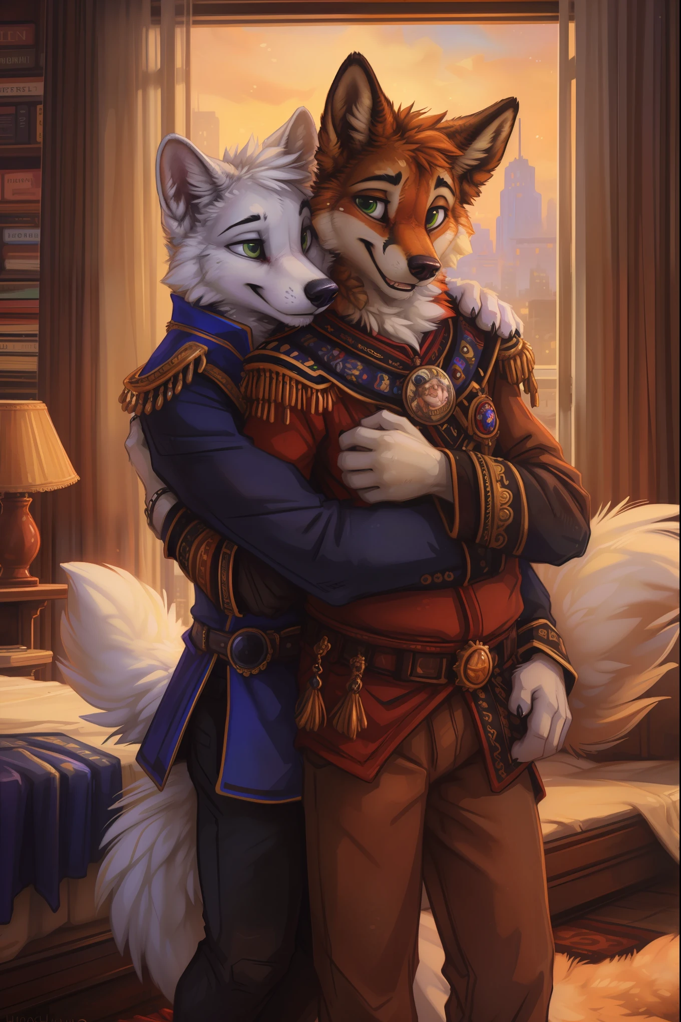 (by hioshiru and kenket and dimwitdog, michael amp inessa garmash, ruan jia, pino daeni, chunie), arctic fox, anthro, very chubby,green eyes, hair, fluffy tail , male , city background ,bedroom ,black royal clothes , king, standing, smiling, ring on finger, hugging, red fox