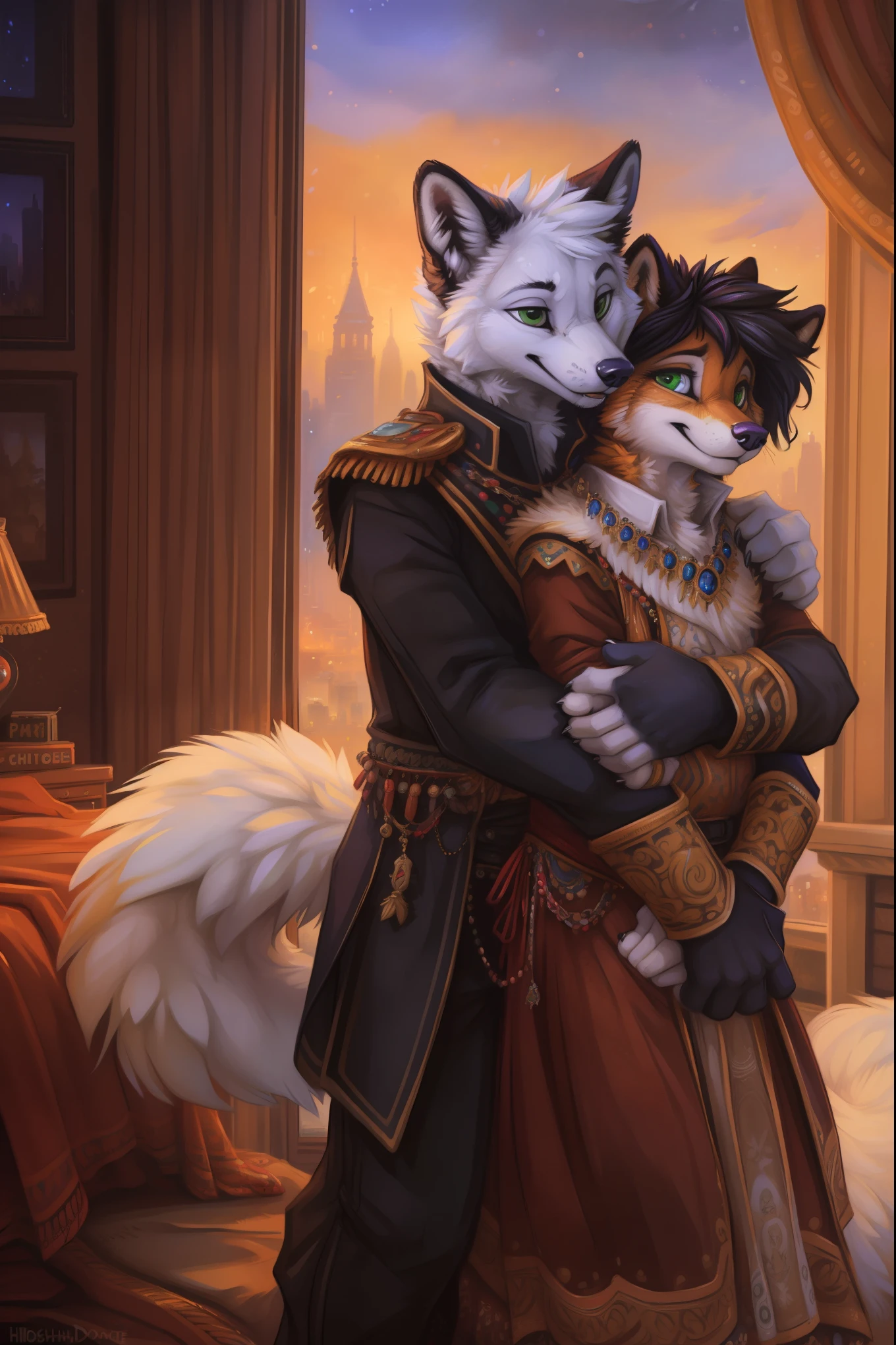 (by hioshiru and kenket and dimwitdog, michael amp inessa garmash, ruan jia, pino daeni, chunie), arctic fox, anthro, very chubby,green eyes, hair, fluffy tail , male , city background ,bedroom ,black royal clothes , king, standing, smiling, ring on finger, hugging, red fox,