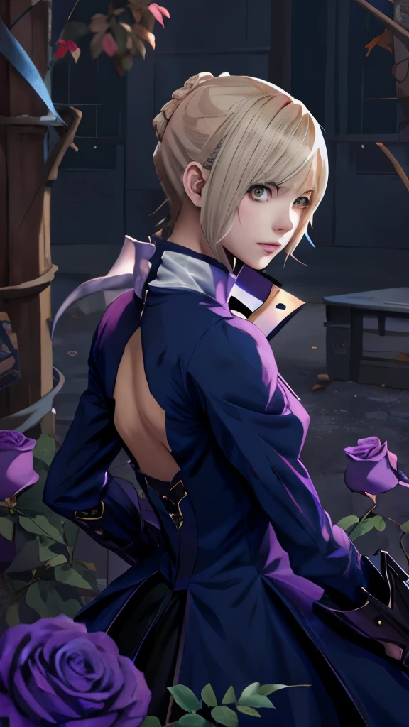 anime girl with sword and purple roses in the background, artgerm and atey ghailan, fate / stay night, fate grand order, highly detailed exquisite fanart, detailed digital anime art, clean detailed anime art, anime girl wearing a black dress, anime style like fate/stay night, 2b nier automata, rossdraws sakimimichan