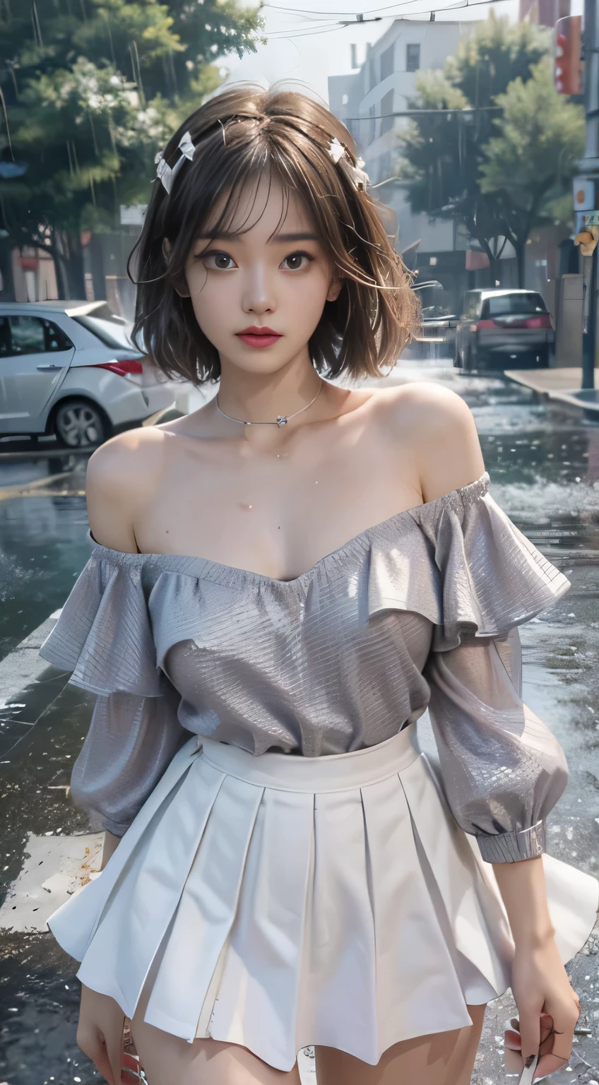 ((Best Quality, 8k, Masterpiece: 1.3)), Focus: 1.2, Perfect Body Beauty: 1.4, Buttocks: 1.2, ((Layered Haircut, Flat Chest: 1.2)), (Rain, Street:1.3), Bandeau Dress: 1.1, Highly Detailed Face and Skin Texture, Fine Eyes, Double Eyelids, Whitened Skin, Long Hair, (Shut Up: 1.3), Full Body
