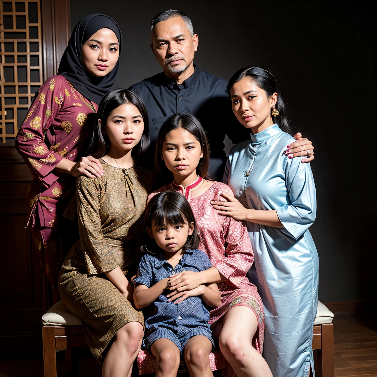 (Realistic: 1.2), (Real photos, ultrahd graphics, best quality, masterpiece: 1.3), Family portrait, 39-year-old man with buzz cut hairstyle, wearing batik clothes in vibrant Indonesian print,  also wearing Muslim clothing, sitting on a wooden chair, 6-year-old girl rom behind, both girls with their backs to the camera, expressionless faces, serene attitude, intricate details in batik prints, black background, warm light subtly shining behind the family, creating delicate shadows and emphasizing the intricacies of their batik attire.