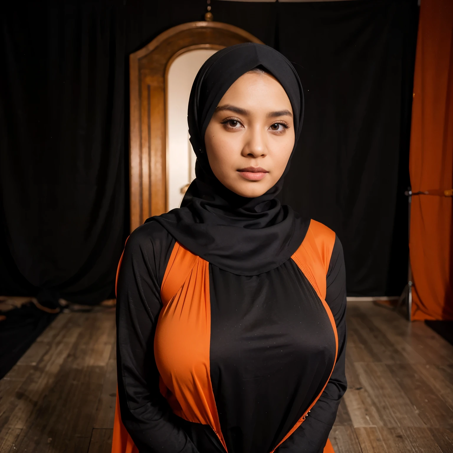 A 35 years old busty indonesian woman wearing black hijab and orange long dress. Potrait mode. Photo studio backgroud. Realistic. HD.