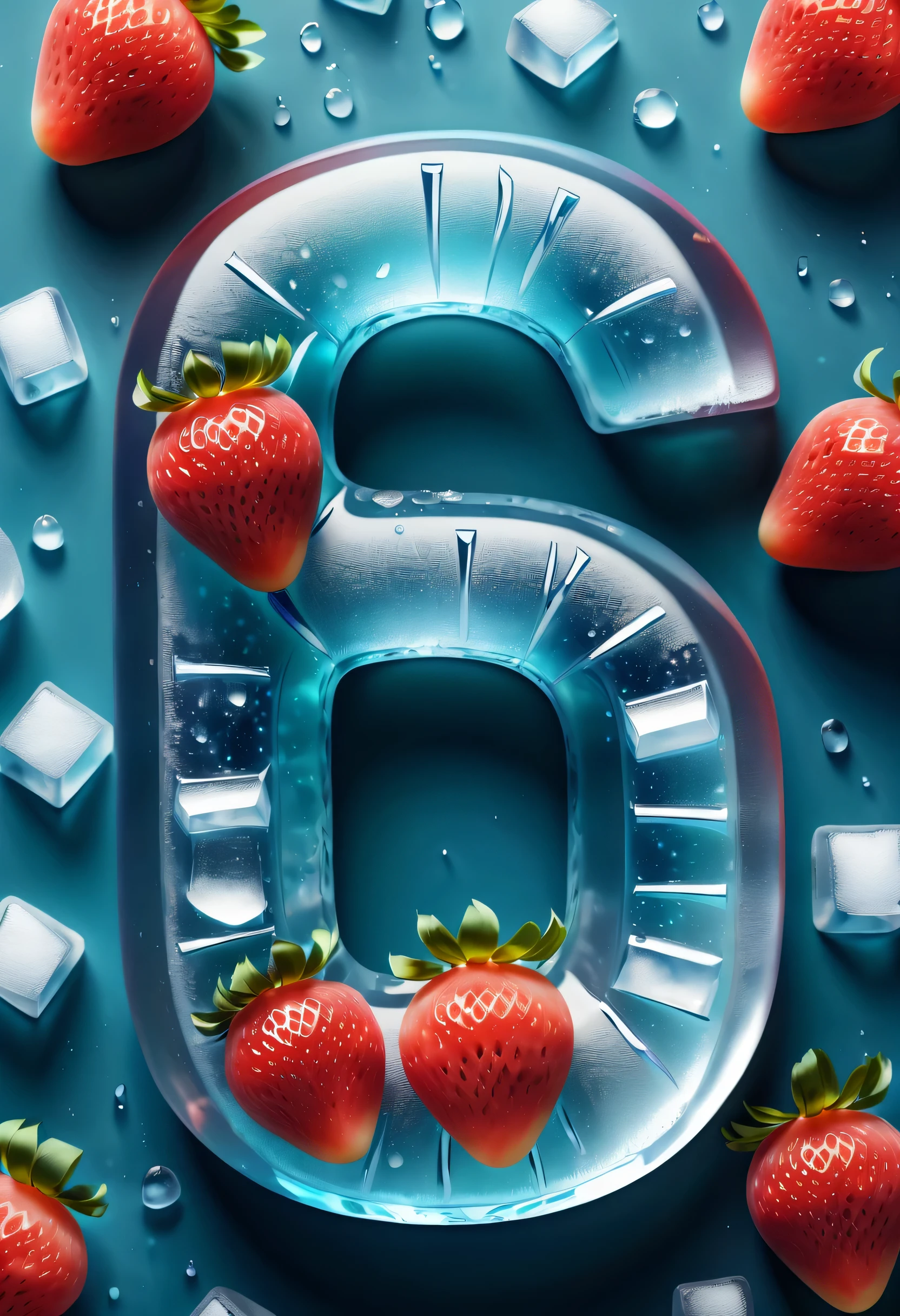 (best quality,4K,8k,high resolution,masterpiece:1.2),Super detailed,(actual,photoactual,photo-actual:1.37),Creative font design,icy texture,crystal ice,snow,cold,snowflakes,crack,summer,Delicious fruits,Detailed ice texture,dark background,sparkling texture,frozen mail,flashing icy patterns,refreshing colour,Fruit slices in the sun,Juicy grapes,Chilled watermelon slices,Cool sensation,Juxtaposition of warm and cool colors,Vibrant red strawberries,water drops on fruit,Letter fragments in ice cubes,snow-covered branches,translucent ice shards,crystal clear font,Cool blue tones,Cold format engraving.3D